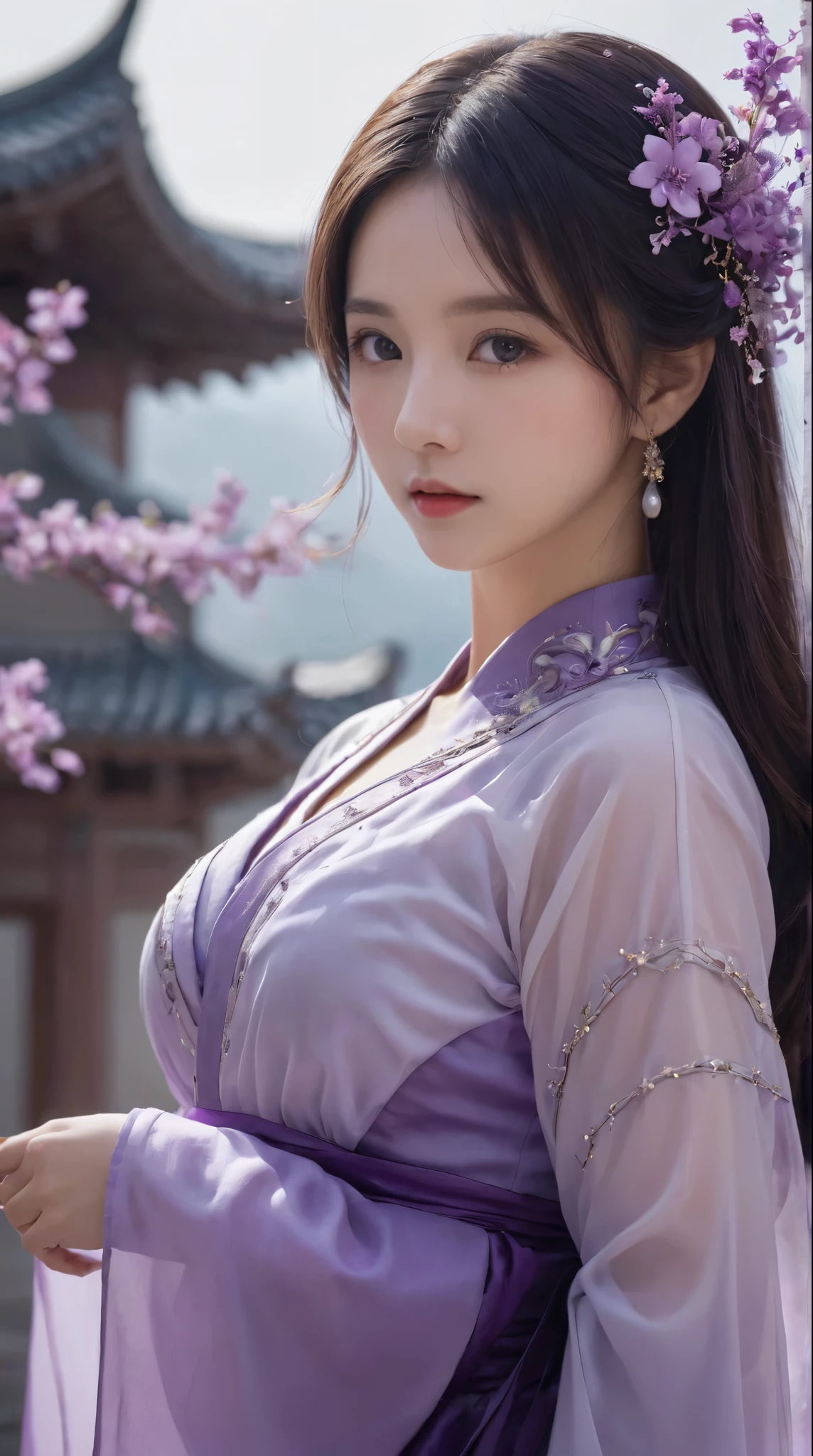 ,( Small Breasts :1.2),1 beautiful girl, unique,hair,Long hair, actual ,Lips,Hair accessories,Long sleeve,Eyes with spirit,  upper body ,nose,Hanfu, Chinese clothing,robe,scroll,white robe,Flowing hair,
portrait,Looking aside ,( perspective :1.2),( perspective  sleeves:1.3),wind,Purple feather clothes，(Purple:1.3)
, Purple岐来自东方, Purple魏源, Purple云仙, Purple魏星 Prince, Purple魏豆树, Purple电青霜, Purple灵芝仙草, Purple宫仙, Purple云山, Purple花仙, Purple阳仙, Purple岐亭, Purple岐山, Purple Xia Fairy, Purple庐山, Purple萧宫, Purple竹仙, Purple岐星官, Purple金城, Purple魏星
(1 Girl:1.3), aldult, 国wind, Hanfu, mist, Long hair被wind吹拂,  dusk,  masterpiece ,
analog film photo ethereal fantasy concept art of  masterpiece , 动态perspective,  intricate details, Wide Angle, Motion blur. Purple long hair. She stands next to the East Asian building, Starry Sky,
