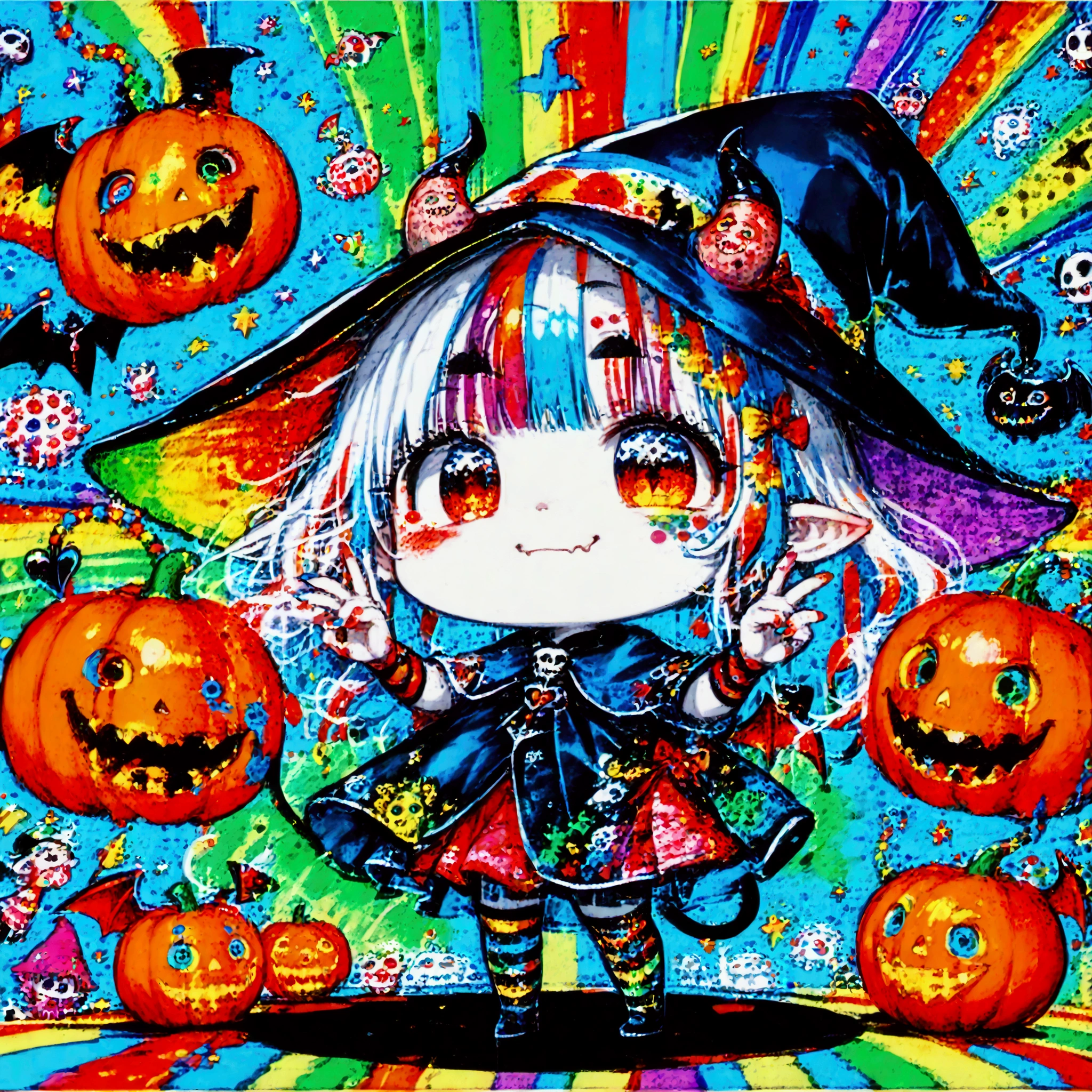 hzk,score_9, score_8_up, score_7_up, score_6_up, score_5_up, score_4_up ,(solo:1.8),1girl\((devil:1.7),chibi,cute,big eyes,white skin,(witch costume),cute pose\),(f3nn3r:1.8),(colourful,vivid, pink, blue, black, red, trippy:1.6),(simple background:1.3) with Jack-o'-lanterns, icon style