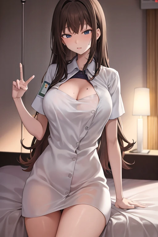 top-quality、Full limbs、complete fingers、1 beautiful woman,detailed beautiful face,cute face,mole under eye、、sweat、Slender beauty、straight haired、Brown hair、((white Nurse uniform、very skinny))、cleavage、White pantyhose、(hospitals、Hospital Room、on Patient bed:1.5)、used condom、vulgarity、spoken heart、(bikini tan:-0.0)、(sexy pose:1.5)、