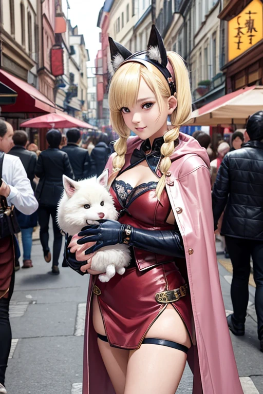 A beautiful chinese idol girl(short hair,blond,2pigtails,fluffy white fox ears hairband)dressed in dark pink leather armor, navy cloak, and holding a baby dragon. He is walking through a lively Victorian steampunk street market full of people, in the style of final fantasy, with steampunk-inspired elements, featuring fantasy characters asy costumes, set in a lively street photography scene with vibrant tavern settings