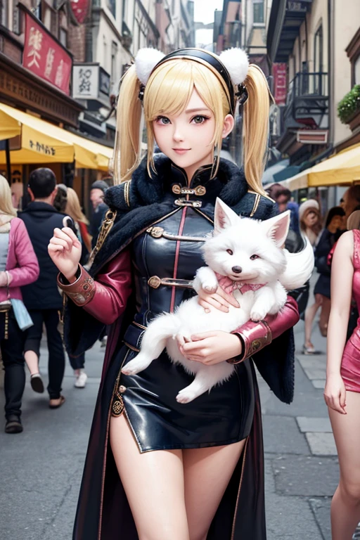 A beautiful chinese idol girl(short hair,blond,2pigtails,fluffy white fox ears hairband)dressed in dark pink leather armor, navy cloak, and holding a baby dragon. He is walking through a lively Victorian steampunk street market full of people, in the style of final fantasy, with steampunk-inspired elements, featuring fantasy characters asy costumes, set in a lively street photography scene with vibrant tavern settings