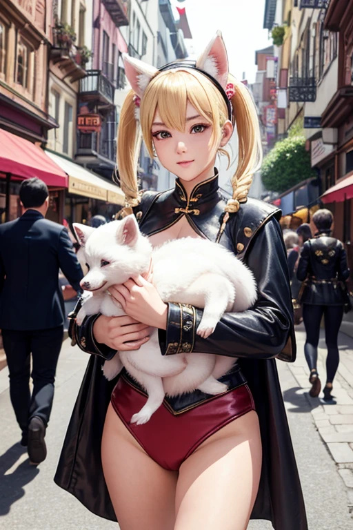 A beautiful chinese idol girl(short hair,blond,2pigtails,fluffy white fox ears hairband)dressed in dark pink leather armor, navy cloak, and holding a baby dragon. He is walking through a lively Victorian steampunk street market full of people, in the style of final fantasy, with steampunk-inspired elements, featuring fantasy characters asy costumes, set in a lively street photography scene with vibrant tavern settings