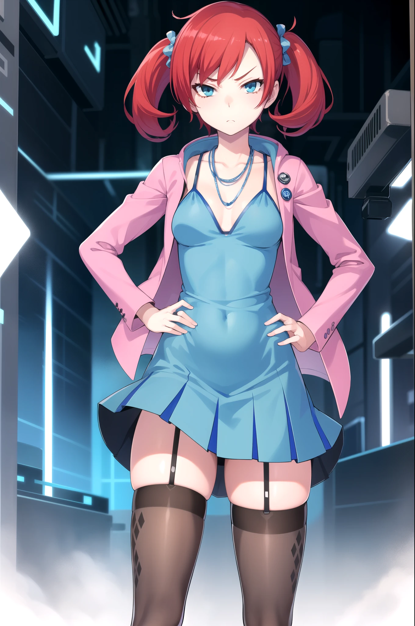 masterpiece,best quality,1girl,dscs-nokia,short hair,red hair,short twintails,hair ornament,sideless dress,aqua dress,pink jacket,gray thighhighs,thigh strap,standing,hands on hips,legs apart,serious,wind,looking at viewer,cyberspace,blue neon lights,cowboy shot,