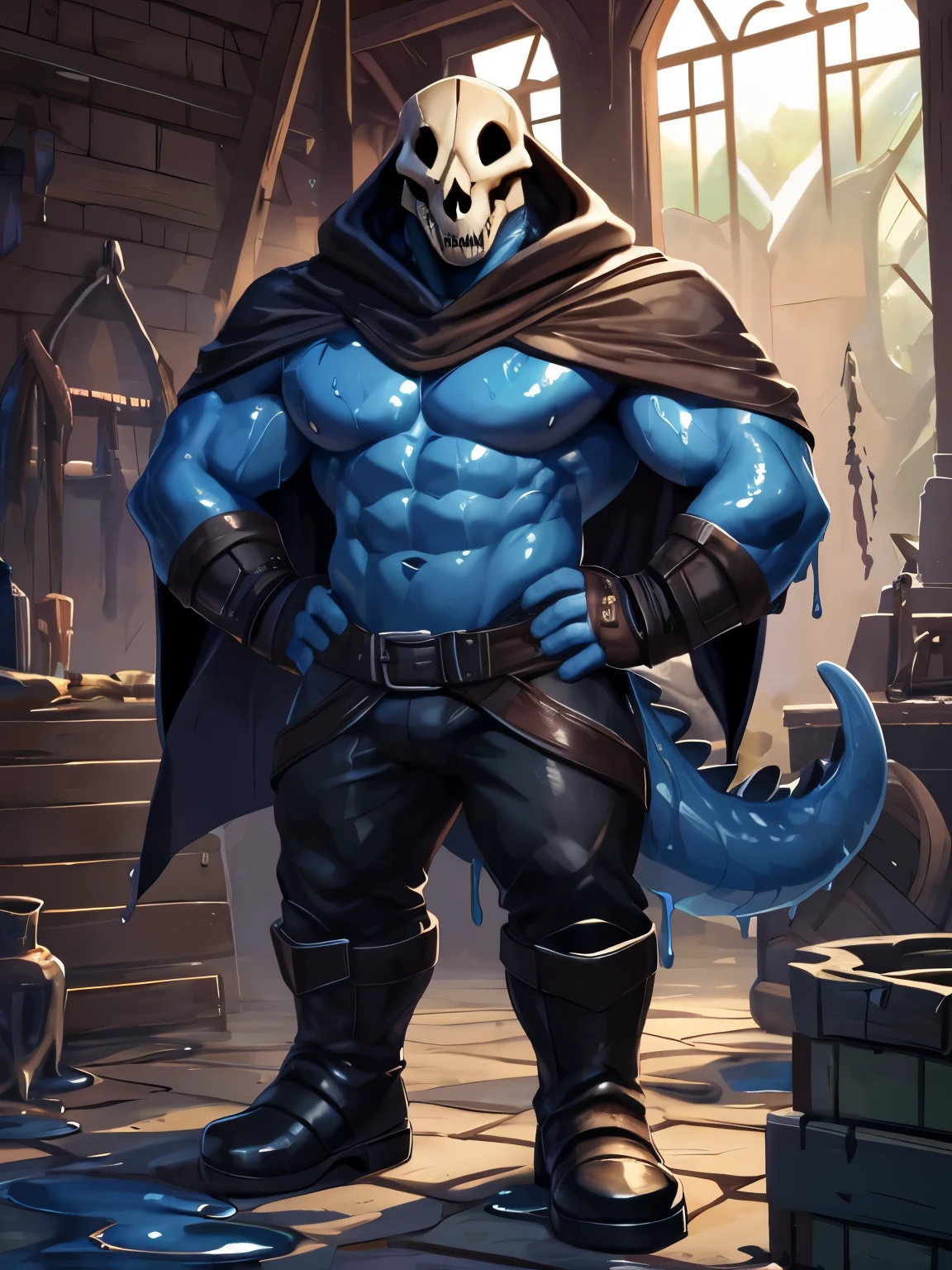 solo, anthro, Slime anthro, slime reptile, crocodile skull, humanoid skeleton, dark blue, blacksmith outfit appron, blacksmithing background, forge, small eyes, green eyes, hands on hips, posing, Slimy body, goo body, slime body, see through, (crocodile skull), slime tentacle on head, muscular slime body, shirt, blacksmith appron, see through body, slime, navy blue slime, Large physic, long legs, see through body, crocodile skull inside slime head, pants, blue slime dark blue body, dark blue slime, clothes, black pants, metal capped boots. Dark blue slime, Transparent body:1.4, Transparent face, (skull head:1.2), slime covered skull. wrist guards, blacksmith gloves, clean floor, gooey drip, Tentacle behind head. (Masterpiece, 8k, by null-ghost, hi-res), water texture, pants, belt, blacksmith appron, beefy, crocodile tail, water blue texture, Head tentacle slime, (((black poncho, hood))) (((Gooey body))) (((Deep Dark Blue Water gooey o body))) (((Ocean texture))) (((Hands on hips))) (((See through body))) ((hidden eyes)) ((bara)) Wide body