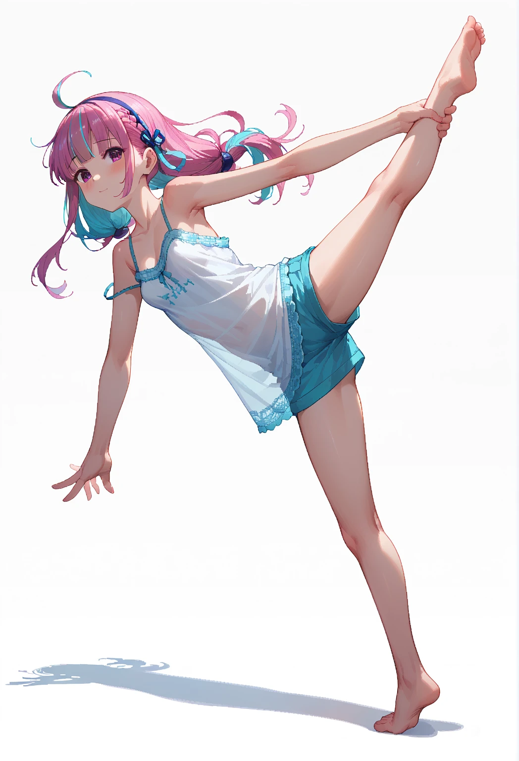 Minato Aqua、 pixel art, camisole、back、 side angle、 cleavage、whole bodyの汗、 small boobs、 Small Breasts、White background、 pink hair、whole body,Down to the toes、barefoot、Ballet、Handstand