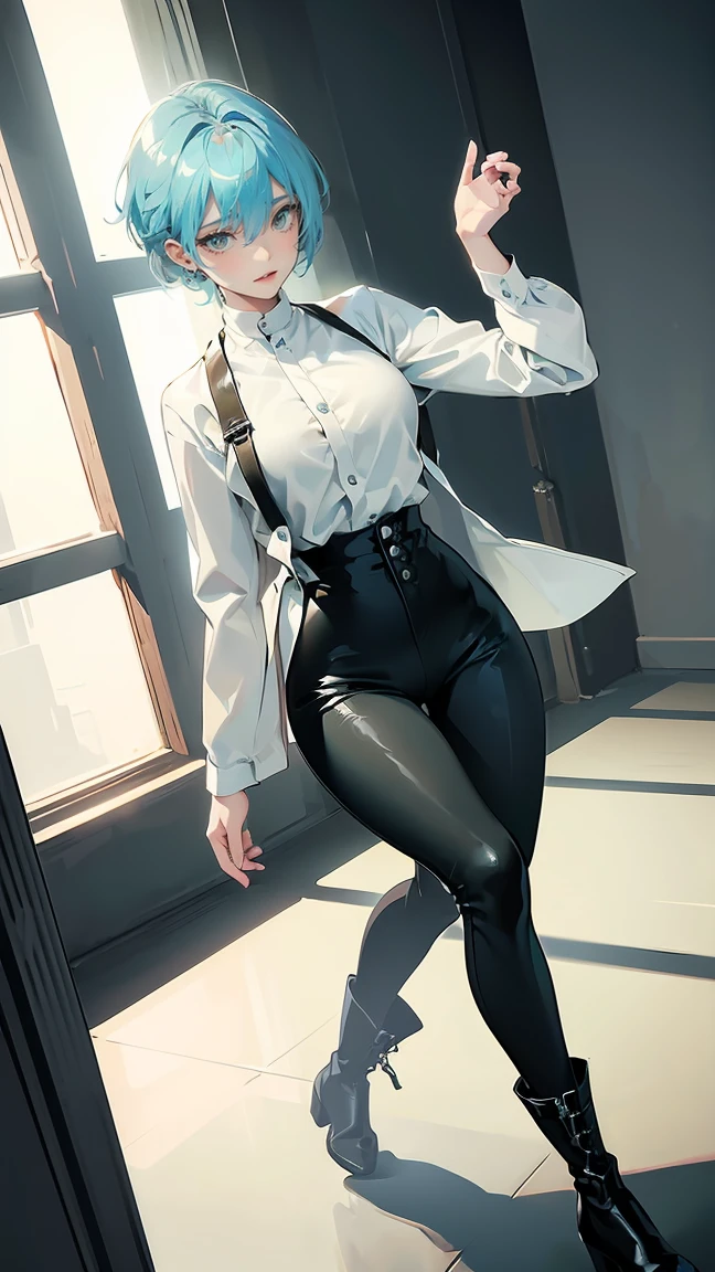 Blue eyes、skin tight outfit、white  shirt、Ribbon Ties、Skinny white jeans、black color hair、Overcrowded traffic lights、Walk the street、Waist posture、Pose to show off your thin waist、8K raw photos、A high resolution、very large round breasts、Beautiful eyes finely detailed、long eyelasher、beautiful double eyelid、eye shadows、eyeline、slender eyes、Elongated eye shape、Sanpaku eyes、evilsmile、evil look、Beautiful and very thin legs、Beautiful and very thin thighs,、Random medium hair、Tie your hair behind your head、耳Nipple Ring、