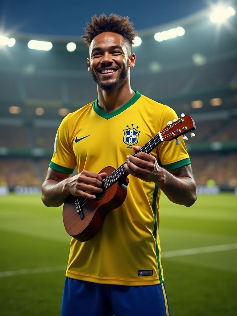 Create a highly realistic image of a well-known soccer player resembling Neymar, standing on a soccer field after a match. He is wearing the current official Brazilian national football team uniform, which includes a bright yellow jersey with green accents, blue shorts, and matching socks. Neymar is holding a small cavaquinho in his hands, strumming it with a joyful expression. His hair is styled in his usual look, slightly messy from the game, and his face is slightly flushed, reflecting the effort of the recent match. The background shows a grassy soccer field with faint markings, and in the distance, blurry stadium lights shine brightly under a darkening sky. Focus on capturing the close-up of Neymar's face, his confident and happy demeanor, and the intricate details of the cavaquinho and his uniform. The lighting should be natural, with warm tones highlighting the scene and creating a vivid, lively atmosphere.
