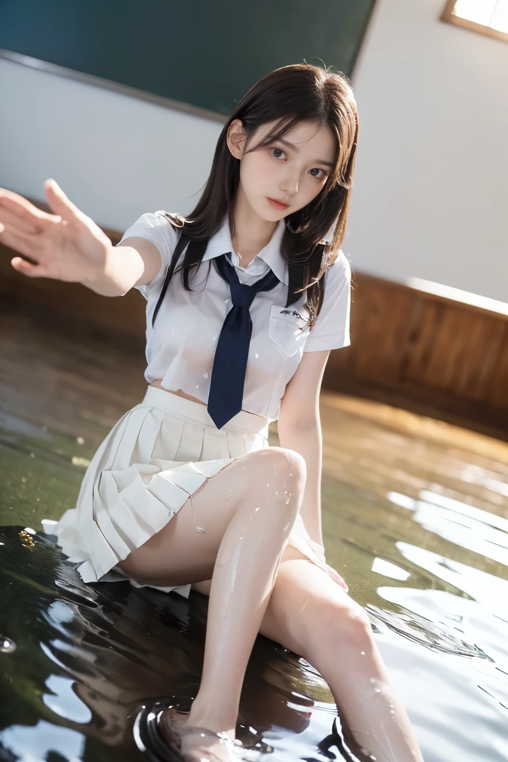 Masterpiece, 8K, High school girl, Photorealistic, (Plump breast:1.1), (sitting in Floor, (with her legs spread wide:1.3), (Puddles of water on the under both outstretched legs:1.3),(shot from the bottom of the front:1.3), Bob hair, (School uniform (White pleated skirt):1.3), staring at viewers, Blushed face, Classroom