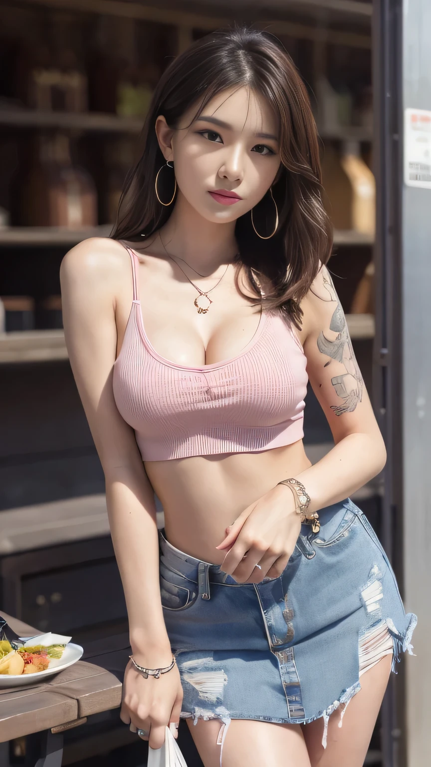 8k, masterpiece, RAW photo, best quality, photorealistic, extremely detailed CG unity 8k wallpaper, Depth of field, Cinematic Light, Lens Flare, Ray tracing, (extremely beautiful face, beautiful lips, beautiful eyes), intricate detail face, ((ultra detailed skin)) 1girl, in the dark, deep shadow, 1 girl, (very slim slender fit-muscled body:1.3), ((looking at viewer)),(tight pink pants), (laced mini pants), (midnight, dark night, (neon sign), (blurred background), dim light), (without people in the background:1.3), beautiful earrings, bracelets, necklace, pantyhose, clear eyes, walking , front shot, (pale skin), (big eyes), face forward, (full body shot), ((silk shirt)), (brown hairs), open navel, (looking at viewer:1.3) very slim, medium breasts, medium butt, see through