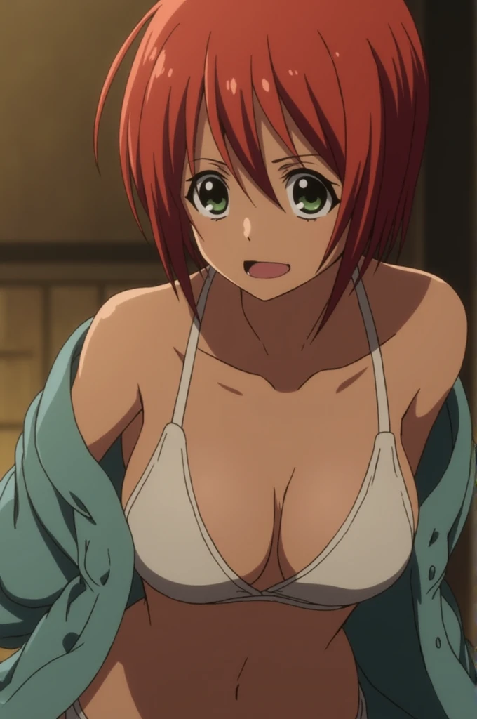 (Best Quality, masutepiece, High resolution, anime screen cap, anime colours), Red hair, ryouko, Embarrassed look:1.3, (large breasts with drooping:1.8, cleavage), (Thin fabric, Large white camisole:1.8, no-bra:1.5, Wide open chest), Slimed, Lower your arms, Leaning forward, Upper body, Close-up on the chest, Bedrooms, (Perfect Anatomy, perfect detailed body, Eyes and hair in beautiful detail, Beautiful breasts and skin),