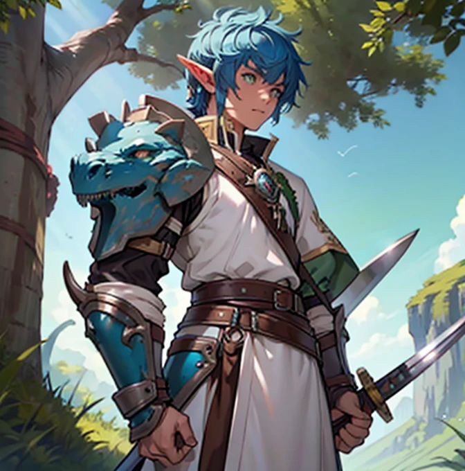 male, elf, small stature, blue hair,  green eyes, hunter, dragon scale armor, dinosaur head pauldron, sword, shield, sheathed swords, fantasy, outdoors