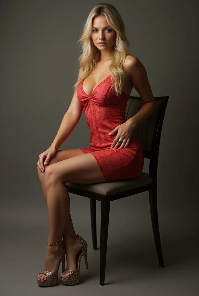 Model:

Beautiful blonde woman, 24 years old
Shoulder-length hair, with shades of faded red dye
bright blue eyes
Height: 160cm
Fascinating curves, with ample breasts and long, thin legs
Place:

Photo studio with neutral background
Pose:

Sitting in a chair, with one leg crossed over the other
Looking directly at the camera
Expression:

Intense and professional
Attire:

Haute couture dress in neutral colors
Heels
Lightning:

Professional, focused to highlight the features