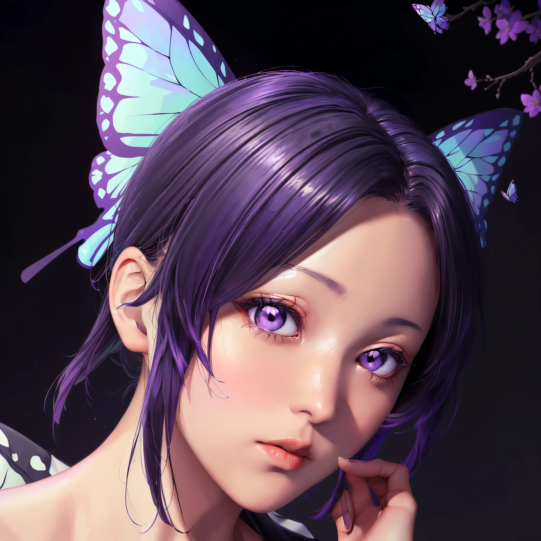 (((figure,御姐figure,White and tender skin,(((haori, wide sleeves, long sleeves, black pants, black jacket, belt,))),,(((kochou shinobu, butterfly hair ornament, purple eyes, multicolored hair, short hair, parted bangs, ))),((masterpiece)), highres ,((Best quality at best)),masterpiece,quality,Best quality,((( to the audience,))),Huge breasts,苗条figure,(((A girl,Holding a sword,Swing the Sword))),)))