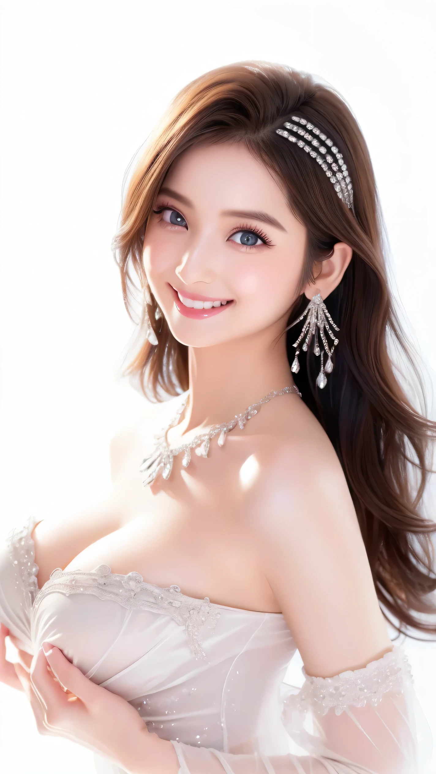  Best Quality、  table top、8k、Best Quality、Beautiful woman、smile、   perfect makeup  、   Long eyelashes、Ultra HD Shining Eyes、  ultra HD hair、  straight hair、 short bang 、 Ultra High Resolution Shiny Lips  、Ultra High Resolution Perfect Teeth、   beautiful face with super high resolution  、(  accurate anatomy  :1.1)、((Big Breasts:1.4))、  Very bright and beautiful skin  、  beautiful sparkling diamond necklace 、Glamour Dress with Rhinestones   、White background