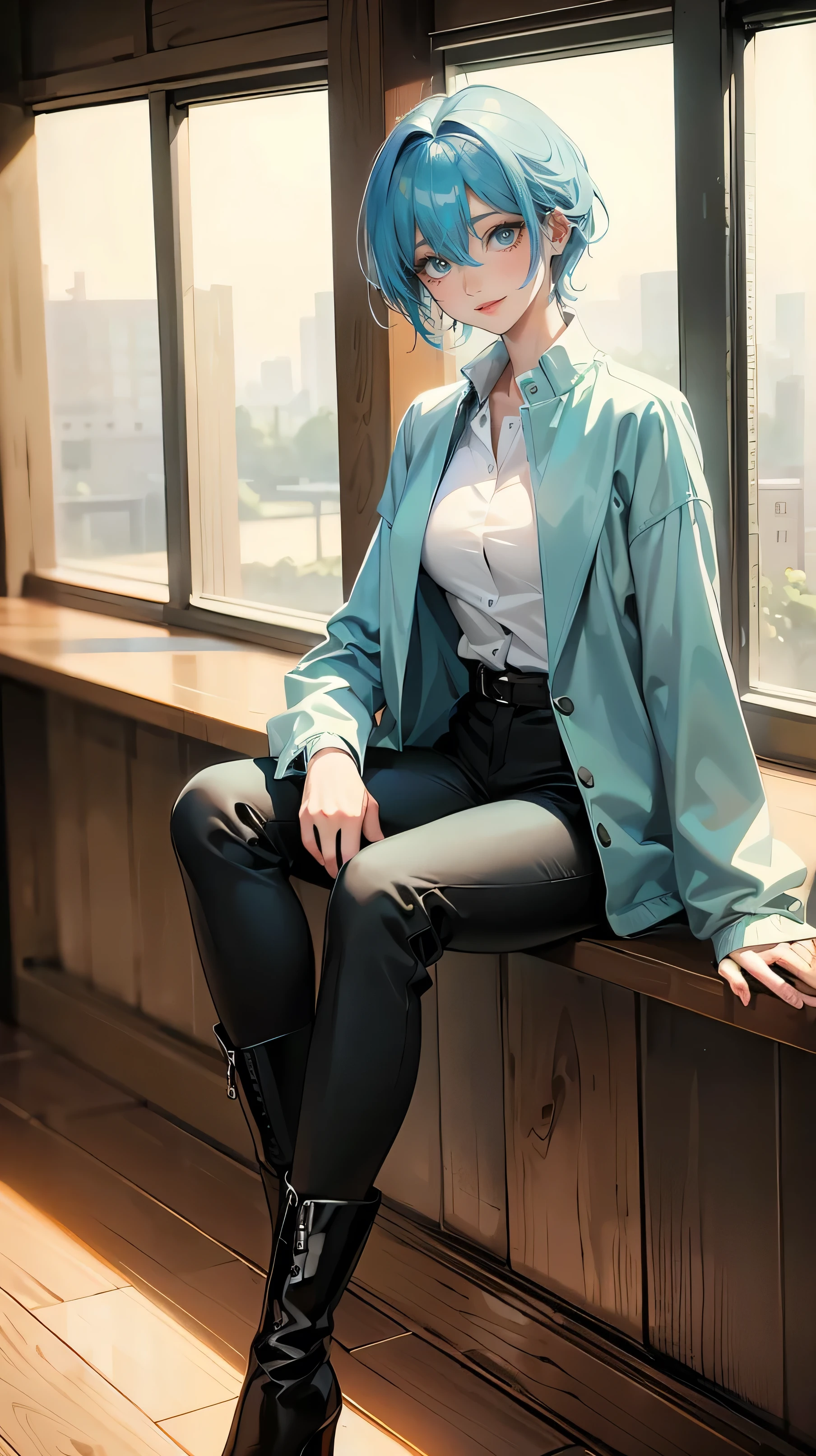 Best Quality、masterpiece、8k、Realistic、超 high definition、 very delicate and beautiful 、 high definition、 macho girl、Gal、 Perfect Female Body 、Girl、Light blue hair、 very short hair 、Light green eyes、 firm body 、 jacket、 shirt 、 black pants、boots、Full body emphasis、 simple background 、Look at this with a smile