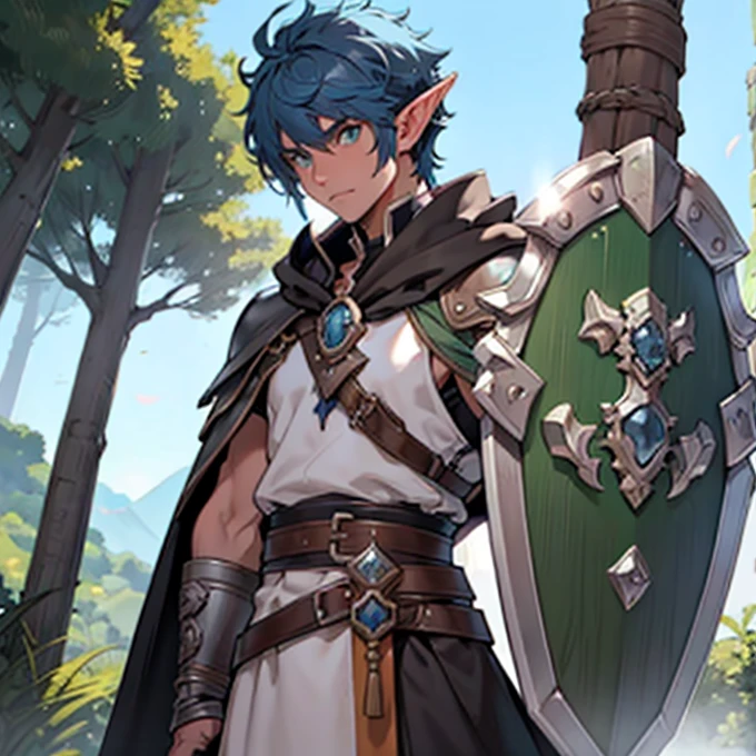 male, elf, small stature, blue hair,  green eyes, hunter, scale armor, dinosaur head pauldron, black cloak, sword, shield, sheathed swords, fantasy, outdoors