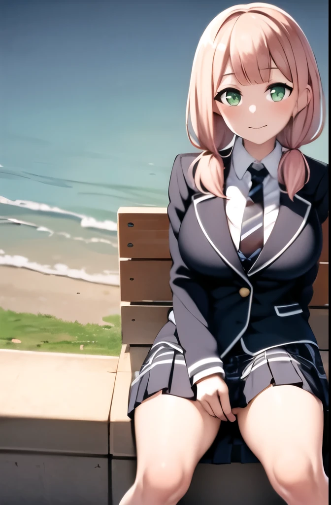 ((masterpiece, Best Quality)), very detailed, simple eye,((((Outdoor)))),(( big breasts at the temple)),Himari Uehara 1girl, 前hair, blazer, green_skirt, , Books, green_eye, Haoka_School_uniform, indoor,  gray jacket , length_sleeves,  staring _in_ viewers, low_ twin tails, tie, pink_hair, Check pattern, Check pattern_skirt, pleined_skirt, School_uniform, shirt, skirt, smile, stripes_tie,  twin tails,  in the train、Sitting on a chair、 open your legs、 white panties are visible