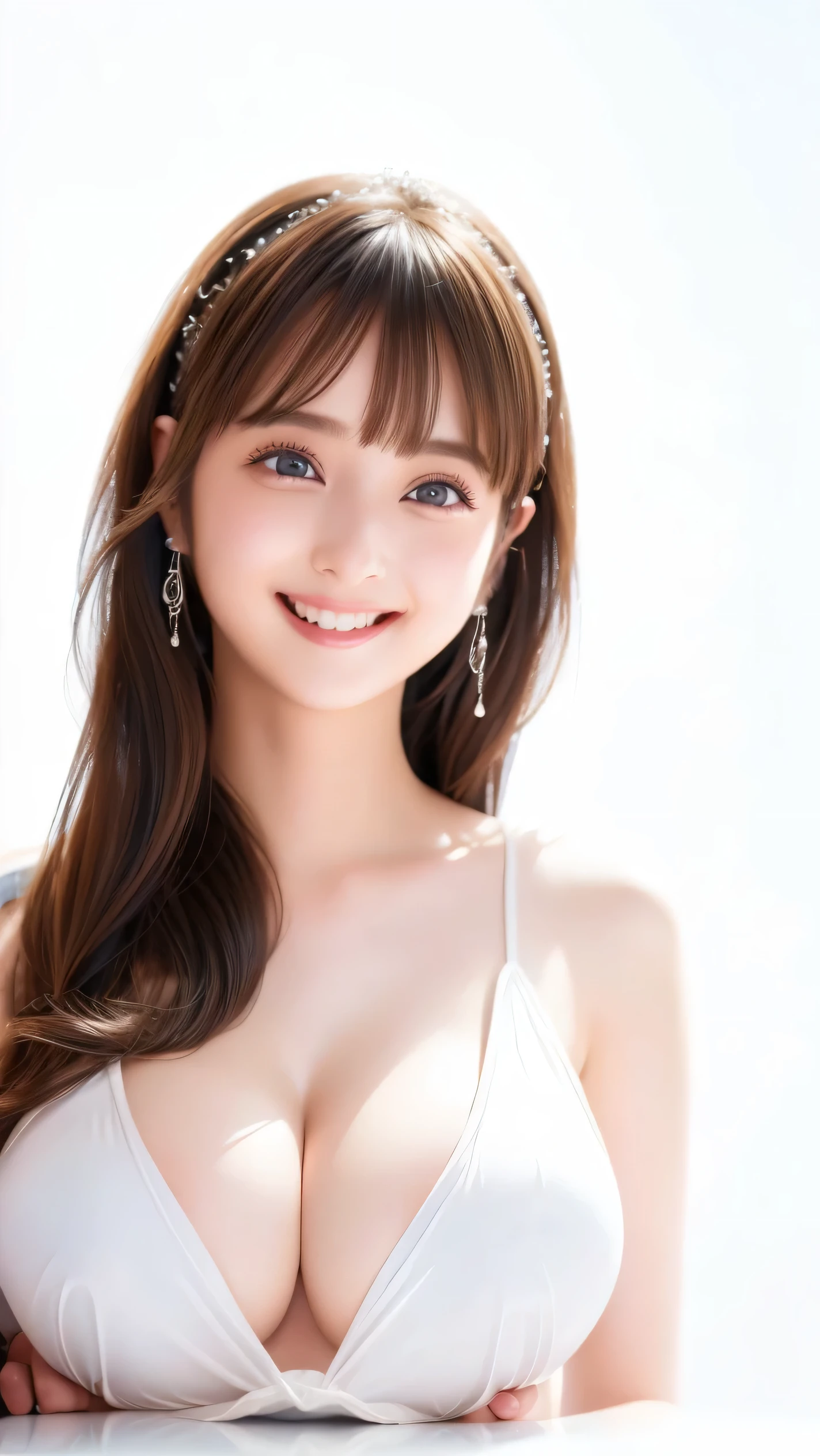  Best Quality、  table top、8k、Best Quality、Beautiful woman、smile、   perfect makeup  、 Long eyelashes、Ultra HD Shining Eyes、  ultra HD hair、  straight hair、 short bang 、 Ultra High Resolution Shiny Lips  、Ultra High Resolution Perfect Teeth、   beautiful face with super high resolution  、(  accurate anatomy  :1.1)、((Big Breasts:1.6))、  Very bright and beautiful skin  、  beautiful sparkling diamond necklace 、Attractive dress 、White background