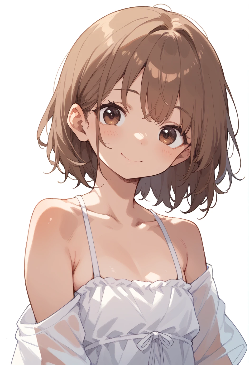 pale brown hair、Brown Eyes、White background、Character portrait、whole body,Deformation、smile, swim waer, white onepiece swimwaer
