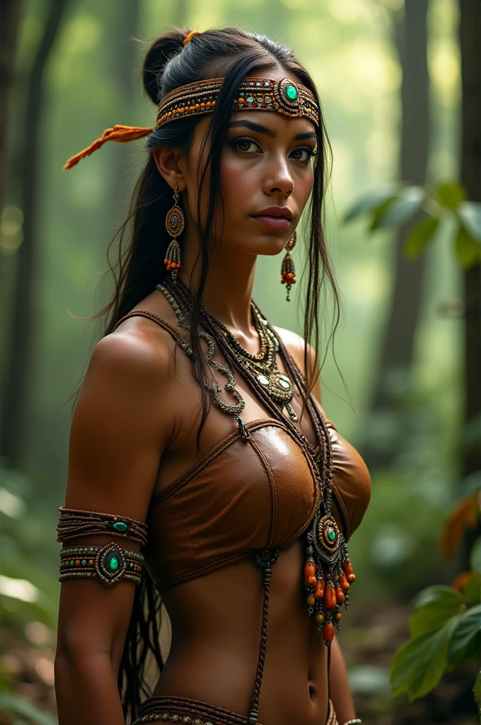 Masterpiece, beautiful mature female elf (Milla Jovovich:Lena Headey:0.5), high detail sexy tribal hunter outfit, braided black hair, ((small)) firm perky breasts, slim athletic body, tall, seductive expression, fantasy forest, HD, (detailed skin texture:1.1), best quality, ultra high res, (photorealistic: 1.4), Raw photo, by Ellen von Unwerth, Nikon D850 Film Stock Photography, F1.6 Lens, Rich Colors, Realistic, Cinestill 800, backlight, rimlighting, sunlight