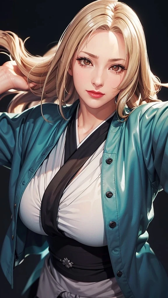 （（（perfect figure，figure，Alone， White and tender skin，（（（cyberpunk，Tsunade, Japanese clothes, sash, jacket，A tea green long jacket with black edges, black belt,  ））），（（（T5un4D3, Light yellow long hair, blue purple mark on forehead, light yellow thin short eyebrows, bright brown pupils, light red lips））），((masterpiece)),high resolution, ((Best quality at best))，masterpiece，quality，Best quality，（（（ Exquisite facial features，Looking at the audience,There is light in the eyes，(（（Smile，confidence)））)，））），型figure:1.7））），（（（Light and shadow，Huge breasts））），（（（Looking at the camera，black background）））