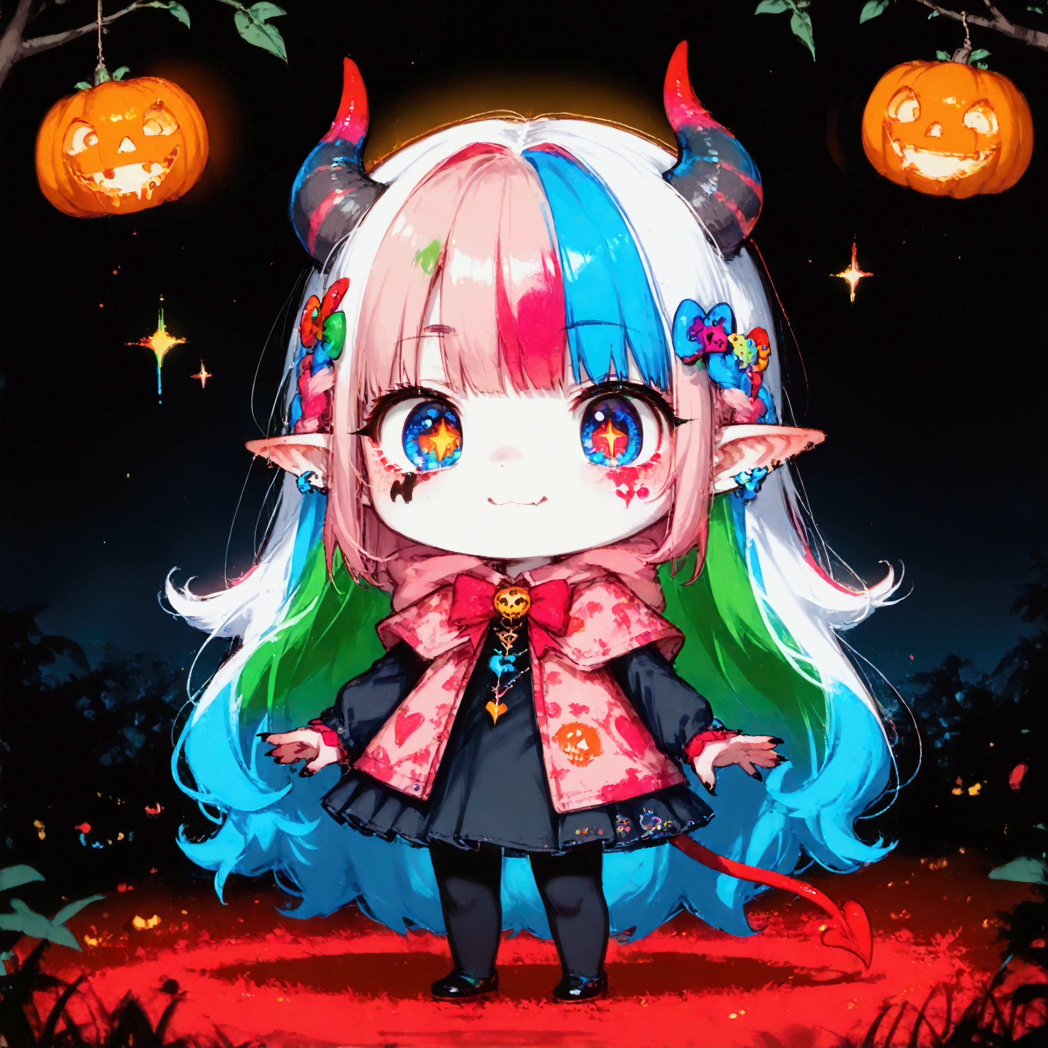 hzk,score_9, score_8_up, score_7_up, score_6_up, score_5_up, score_4_up ,(solo:1.8),1girl\((devil:1.7),chibi,cute,big eyes,white skin,(demon costume)\),(f3nn3r:1.8),(colourful,vivid, pink, blue, black, red, trippy:1.6),(simple dark background:1.3) with Jack-o'-lanterns, icon style