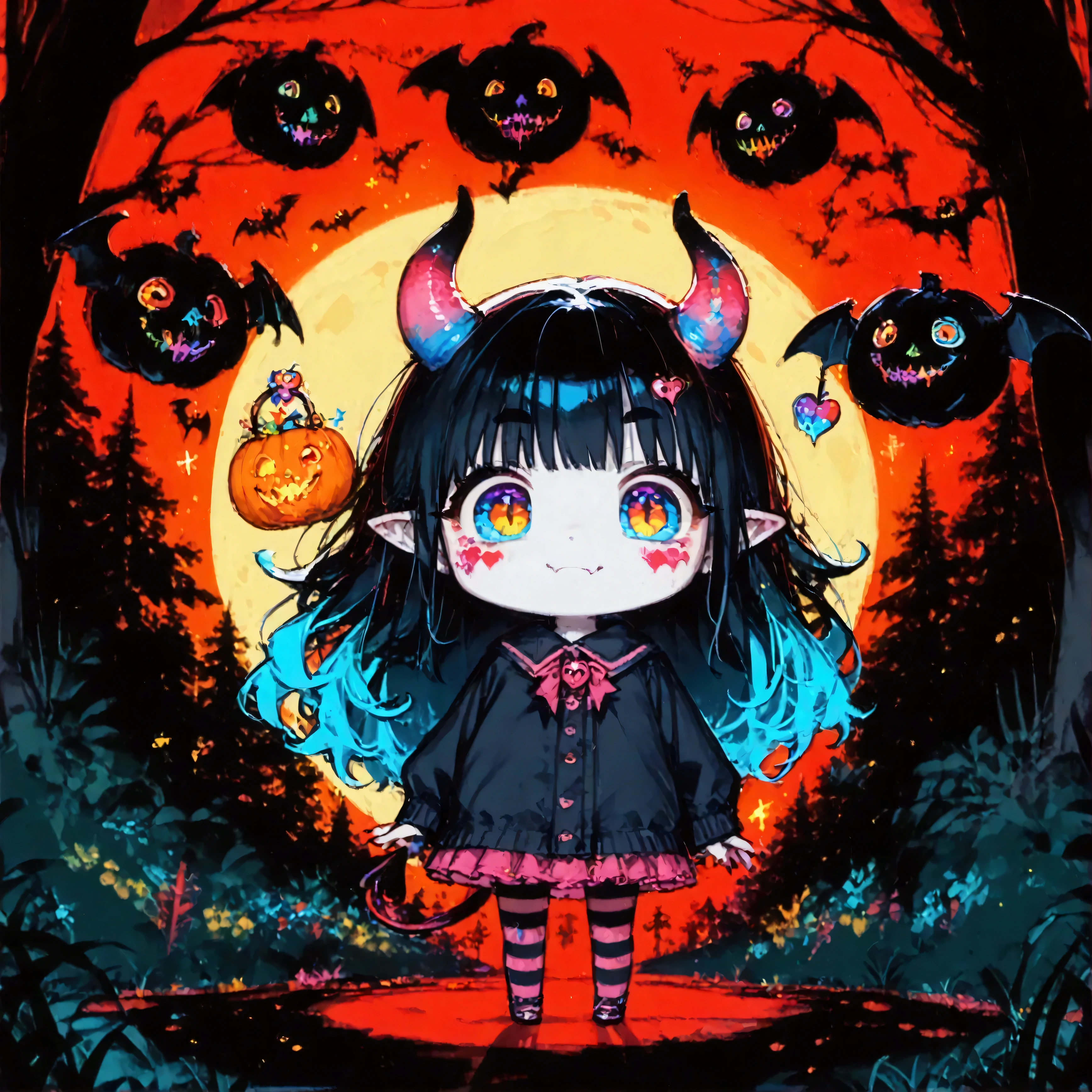 hzk,score_9, score_8_up, score_7_up, score_6_up, score_5_up, score_4_up ,(solo:1.8),1girl\((devil:1.7),chibi,cute,big eyes,white skin,(demon costume)\),(f3nn3r:1.8),(colourful,vivid, pink, blue, black, red, trippy:1.6),(simple dark background:1.3) with Jack-o'-lanterns, icon style