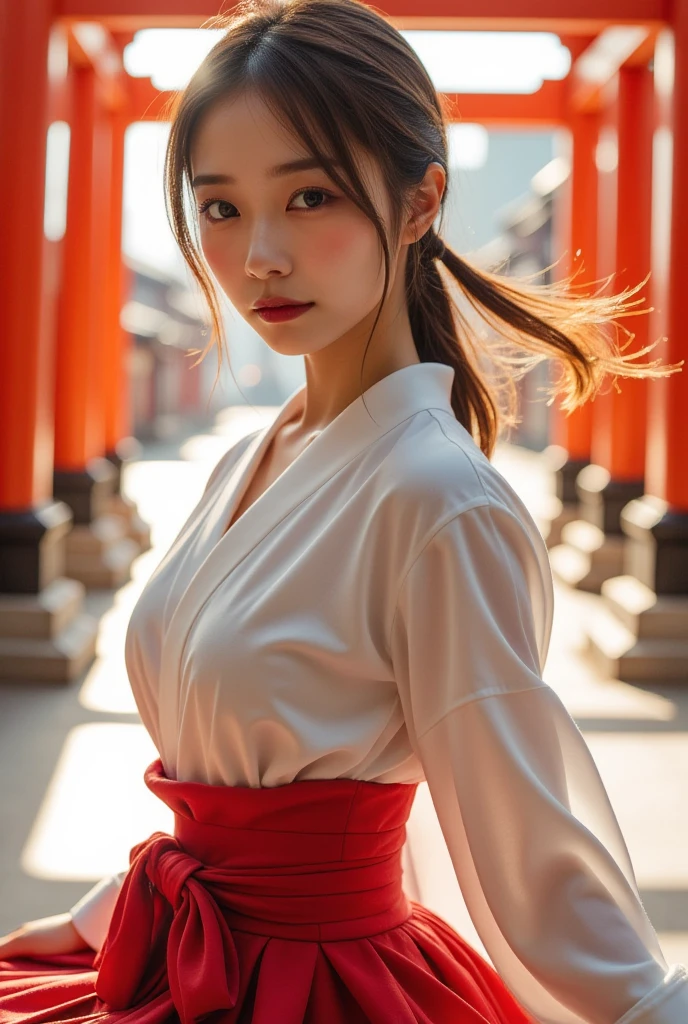 A very beautiful Japanese woman wearing a kimono ,  has a nice Japanese face ,  a very beautiful Japanese woman in uniform,  famous beautiful Japanese idol  , dazzling background , At an old Japanese shrine in the morning, Solar,  lens flare , Under the red torii gate ,  anatomically correct ratio  :1.331,  has a small head:1.331, Slender body:1.331,  thin waist:1.331, Thin limbs:1.331,  flat chest:1.331,  formal kimono for a shrine maiden in a Japanese shrine,  formal white kimono :1.331, formal red hakama :1.331, Brown Hair,  low ponytail hair  :1.21, Symmetrical eyes,  very beautiful clear eyes ,  Beautiful Hair Fluttering in the Wind , Yawning,  dynamic pose, Dynamic angle of view,  she has a provocative posture ,