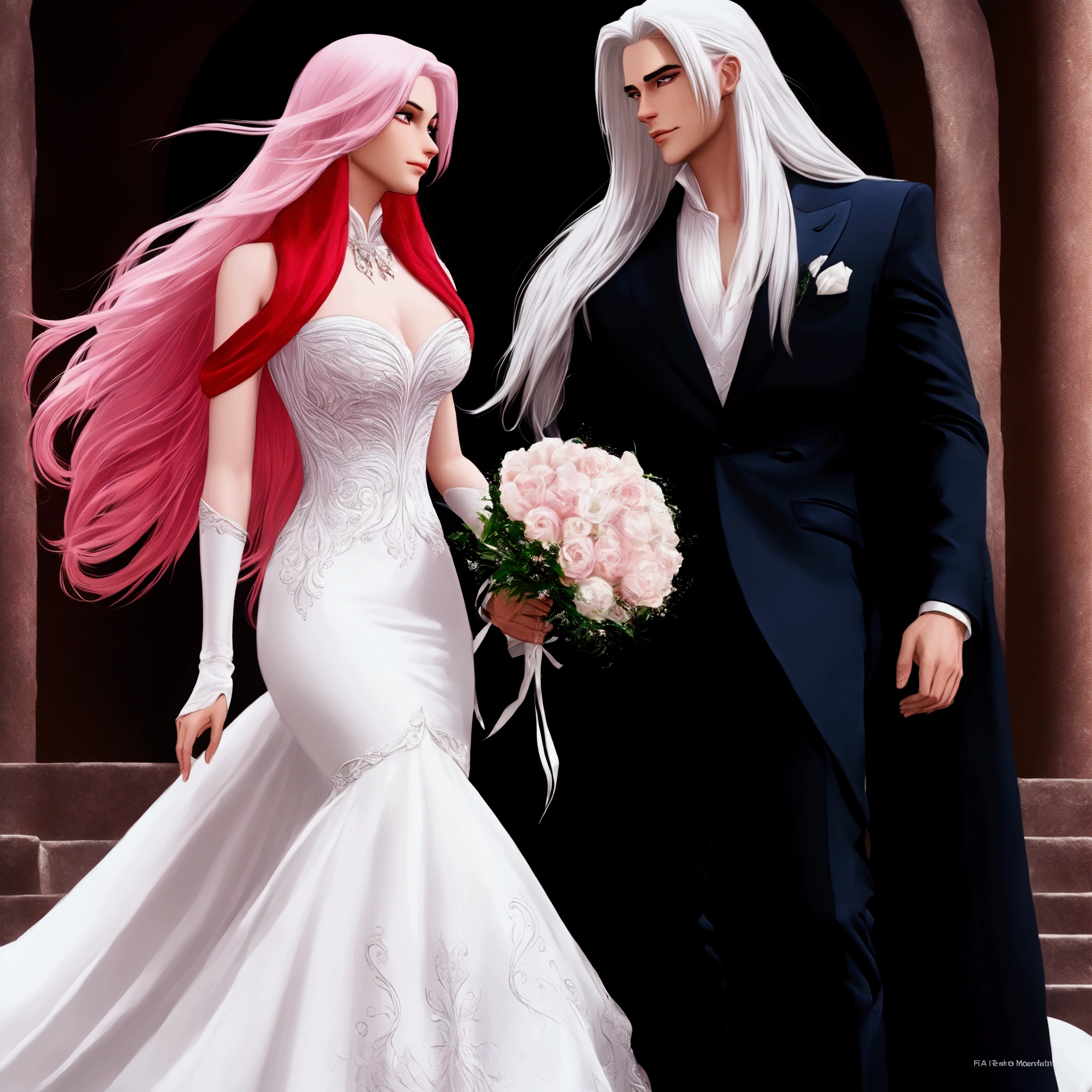 Sephirot  and Jessica Rabbit, bride and groom dressed in white and pink hair walking down steps, bride and groom, with long white hair, wearing fantasy formal clothing, wedding photo, wedding, detailed white long hair, with white long hair, fantasy fairytale story, in the art style of bowater, romantic storybook fantasy, long white hair!!!, tifa lockhart with white hair