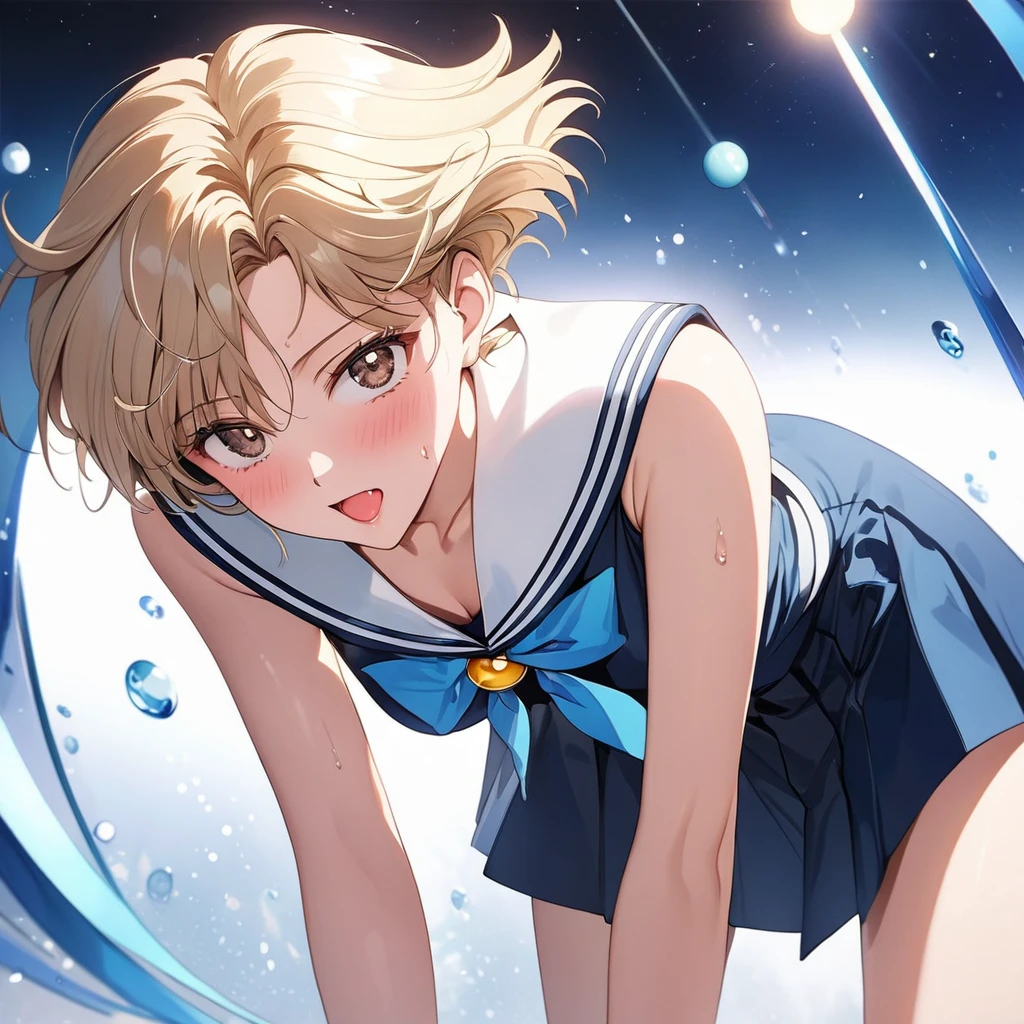 masterpiece, Best Quality, High resolution,16k,official art,super detailed skin,detailed,animated painting,(Sailor uranus:1.5),(E-cup beautiful breasts)、 (tall:1.2),height: 175cm,Fashion model body type、clevage,Sexy long legs, pale blondy hair,very shortcut hair、boyish,brown eyes,  (sailor uranus costume:1.5),Sweating all over the body、Muscular、1girl,solo,shy,blush,(vulgarity:1.2)、(Ahegao:1.3),Anime-style painting style,Close up on upper body,Cinematic lighting,Superfine,Seductively Posing,dynamic angle,extreme closeup shot,simple white background