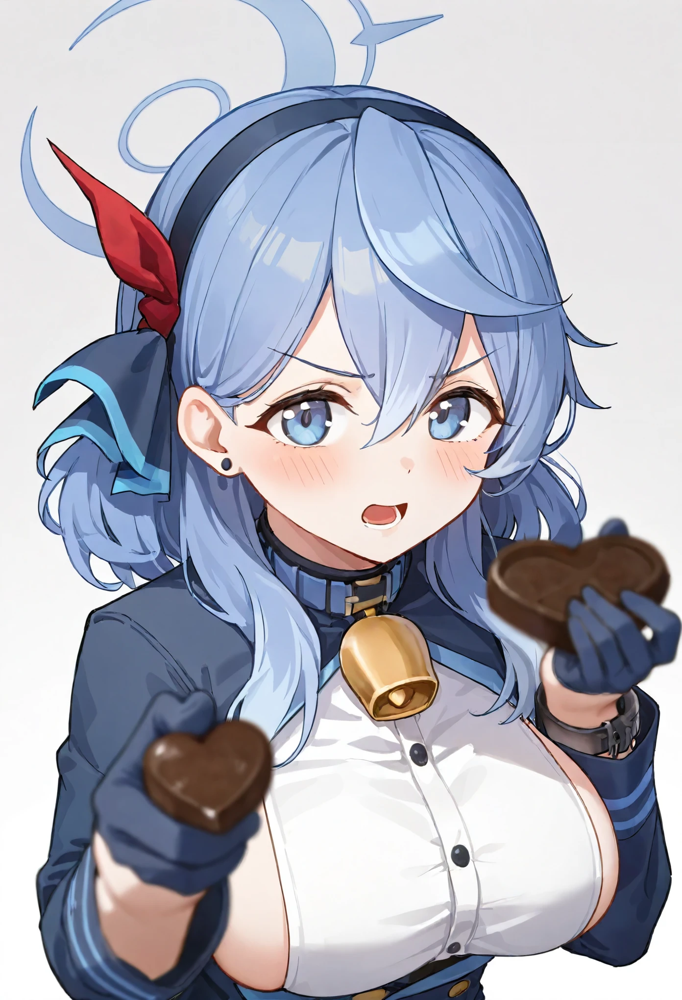 1girl, ako \(blue archive\), blue archive,
bell, black gloves, blue eyes, blue hair, blue hairband, blue jacket, blurry, blurry foreground, blush, breasts, candy, chocolate, cowbell, earrings, food, gloves, hair between eyes, hairband, half gloves, halo, holding, holding chocolate, holding food, incoming food, jacket, jewelry, large breasts, long hair, long sleeves, looking at viewer, lower teeth only, neck bell, open mouth, sideboob, sideless outfit, sideless shirt, simple background, single earring, solo, stud earrings, teeth, upper body, v-shaped eyebrows, white background, heart-shaped chocolate, holding candy