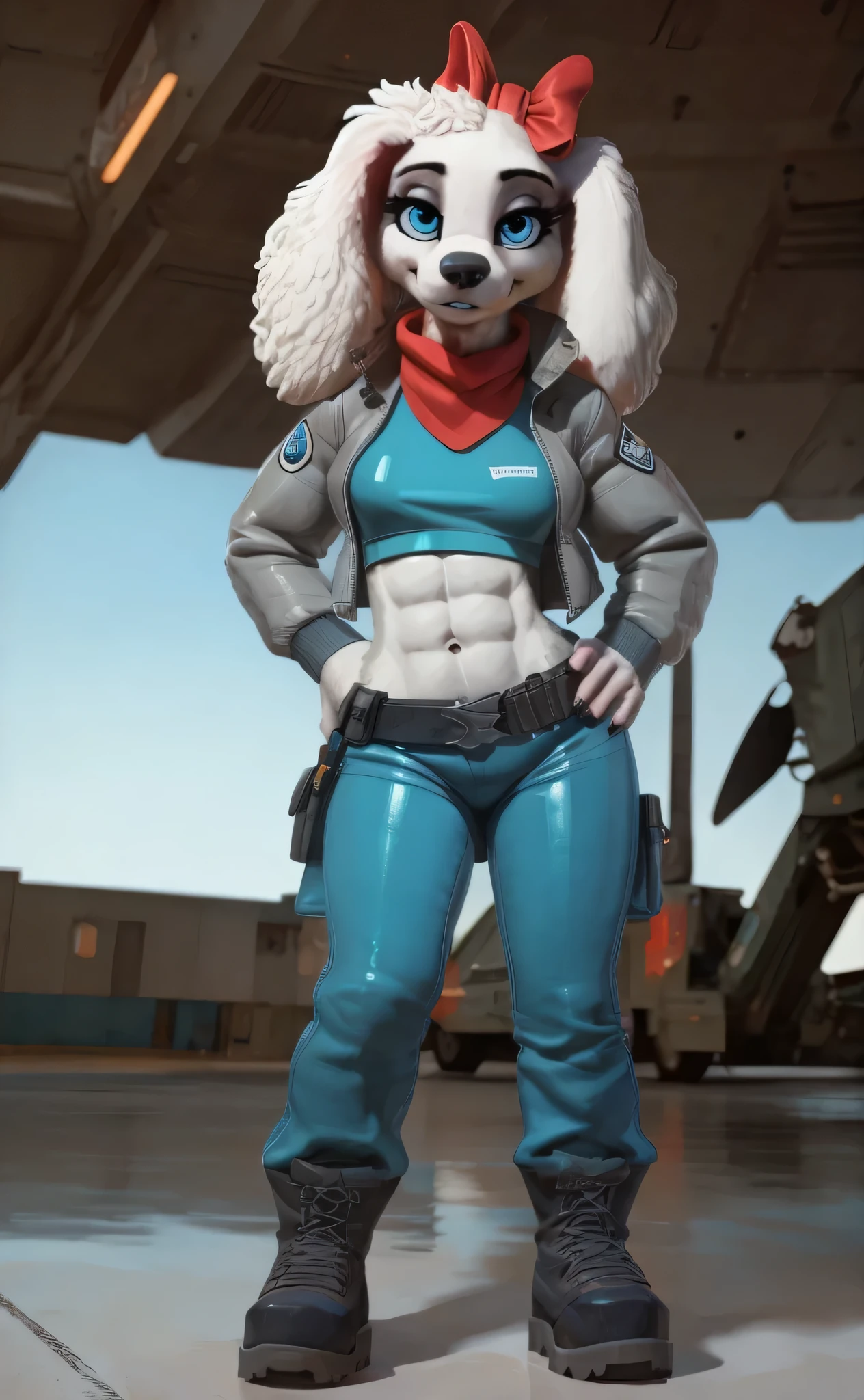 [fay spaniel], [Uploaded to e621.net; (mayosplash), (Pixelsketcher)], ((masterpiece)), ((HD)), ((high res)), ((solo portrait)), ((full body)), ((front view)), ((feet visible)), ((cartoon aesthetic)), ((detailed fur)), ((detailed shading)), ((beautiful render art)), ((cel shading)), {(anthro labradorpoodle), (athletic figure), (white fur), (black nose), (long white floppy labrador ears), (curly white hair), (cute round blue eyes), (long eyelashes), (detailed abs), (curvy hips), (beautiful legs), (cute smile)}, {(teal zip-up track jacket), (light-blue shirt), (navel), (red scarf), (giant red hair-bow on top of head), (white leather jacket with shiny texture), (teal pants), (utility belt with gold triangle belt buckle), (grey combat boots)}, {(standing), (hand on hip), (looking for viewer)}, [ambient lighting, air force base, jet hangar]