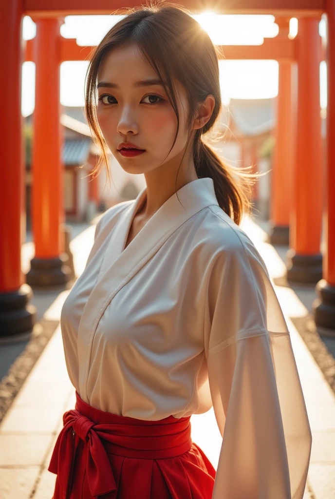 A very beautiful Japanese woman wearing a kimono ,  has a nice Japanese face ,  uniform on a downtown street in the evening,  famous beautiful Japanese idol ,  cowboy shot, dazzling background , At an old Japanese shrine in the morning, Solar,  lens flare , Under the red torii gate ,  anatomically correct ratio  :1.331,  has a small head:1.331, Slender body:1.331,  thin waist:1.331, Thin limbs:1.331,  flat chest:1.331,  The formal kimono of a shrine maiden in a Japanese shrine ,  formal white kimono :1.331, formal red hakama :1.331, Brown Hair,  low ponytail hair  :1.21, Symmetrical eyes,  very beautiful clear eyes ,  Beautiful Hair Fluttering in the Wind , Yawning,  dynamic pose, Backlit lighting ,  A dynamic angle of view that makes you look up,  she has a provocative posture ,