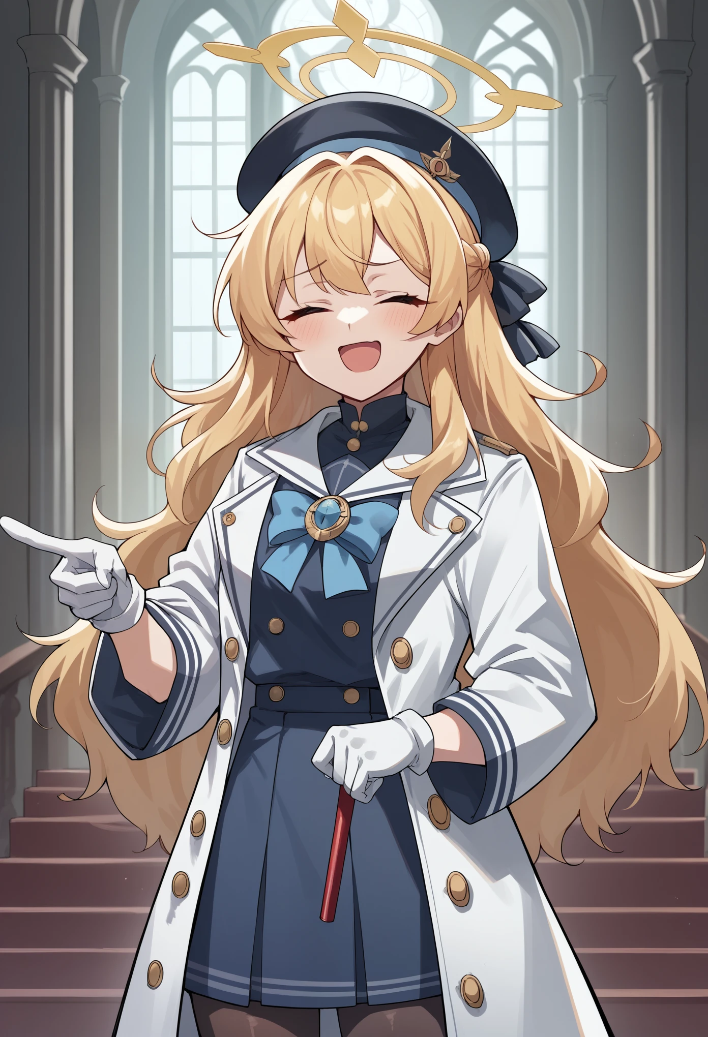 1girl, long hair, messy hair, sidelocks, blonde hair, serafuku, ribbon, brooch, coat, frills, hat, gloves, pantyhose, holding cane, halo, closed eyes, chestnut mouth, smug, open mouth, pointing up, indoors, mansion, cowboy shot score_9, score_8_up, score_7_up, score_6_up, score_5_up, score_4_up, BREAK source_anime, masterpiece