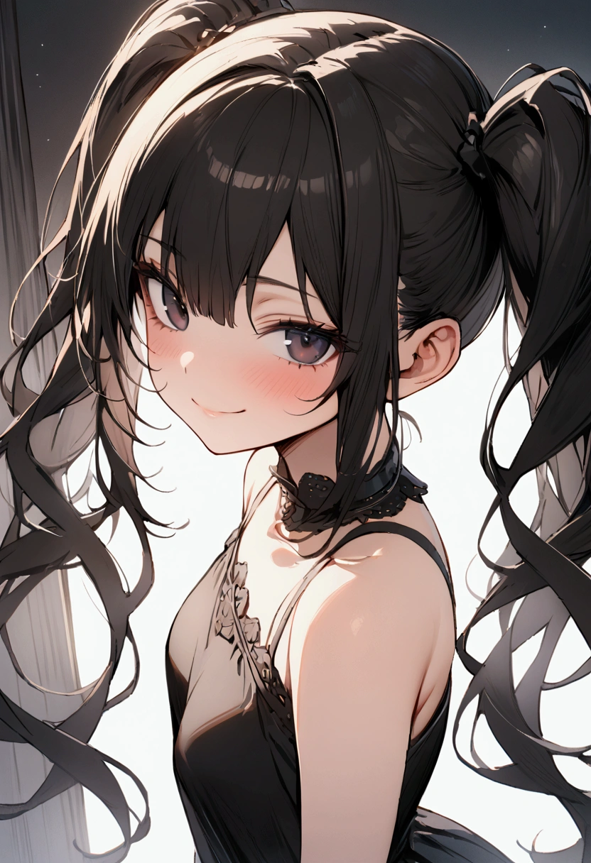 one girl, high twin tails, high pigtails, hair bangs, medium length hair, shoulder length hair, black hair, dark eyes, pretty face, slim figure, short black dress, close up, little smirk, masterpiece, best quality