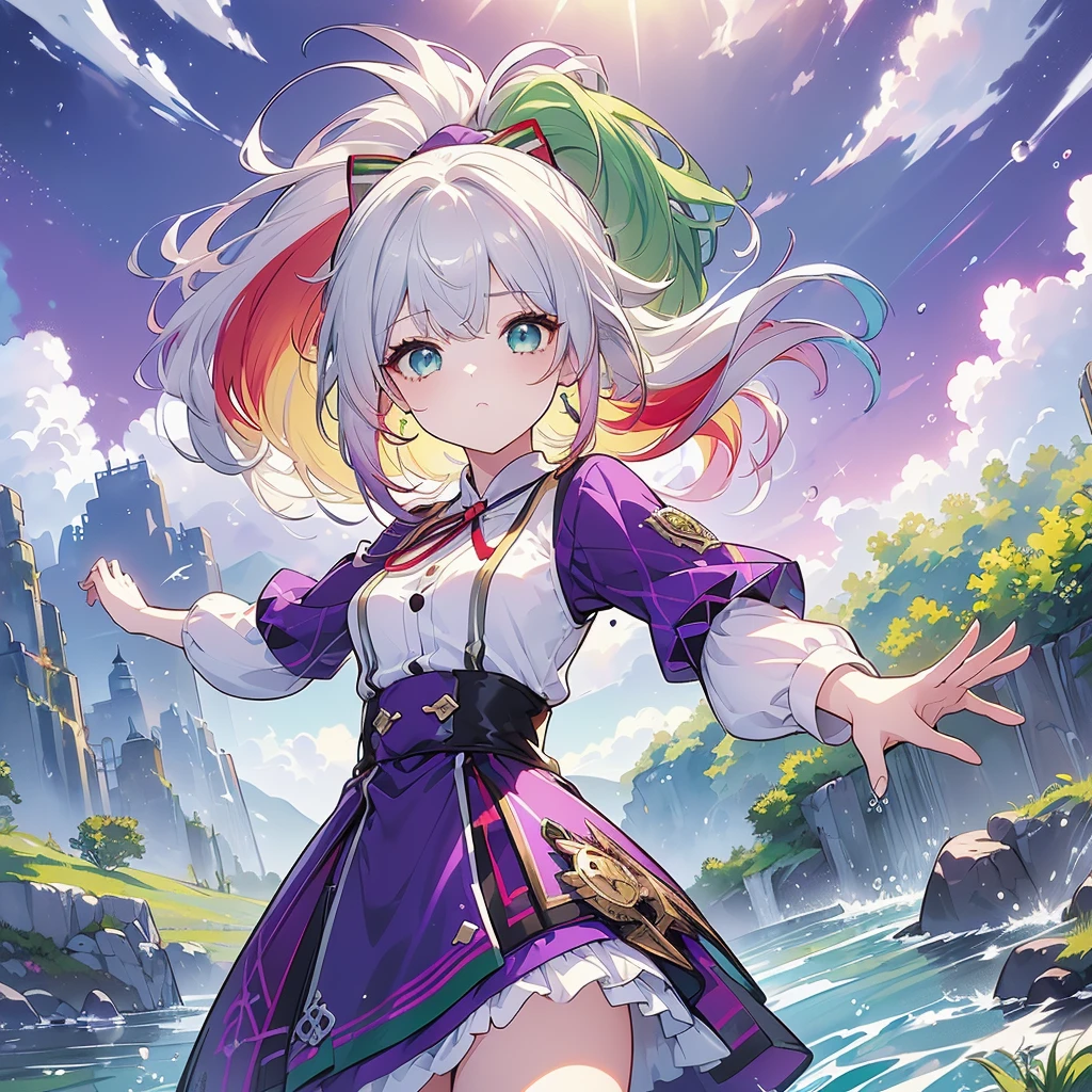 1.5),( 1 girl),( dynamic pose),(multicoloRed Hair+ silver hair:1.3+Red Hair:1.2+Purple Hair+Blonde:1.3+ green hair:1.3),( blue eyes ),( neck ribbon),(floating),(cloud),(Too many drops of water),(evening),(watercolor),( wide shot)、uniform、Girl、 ponytail