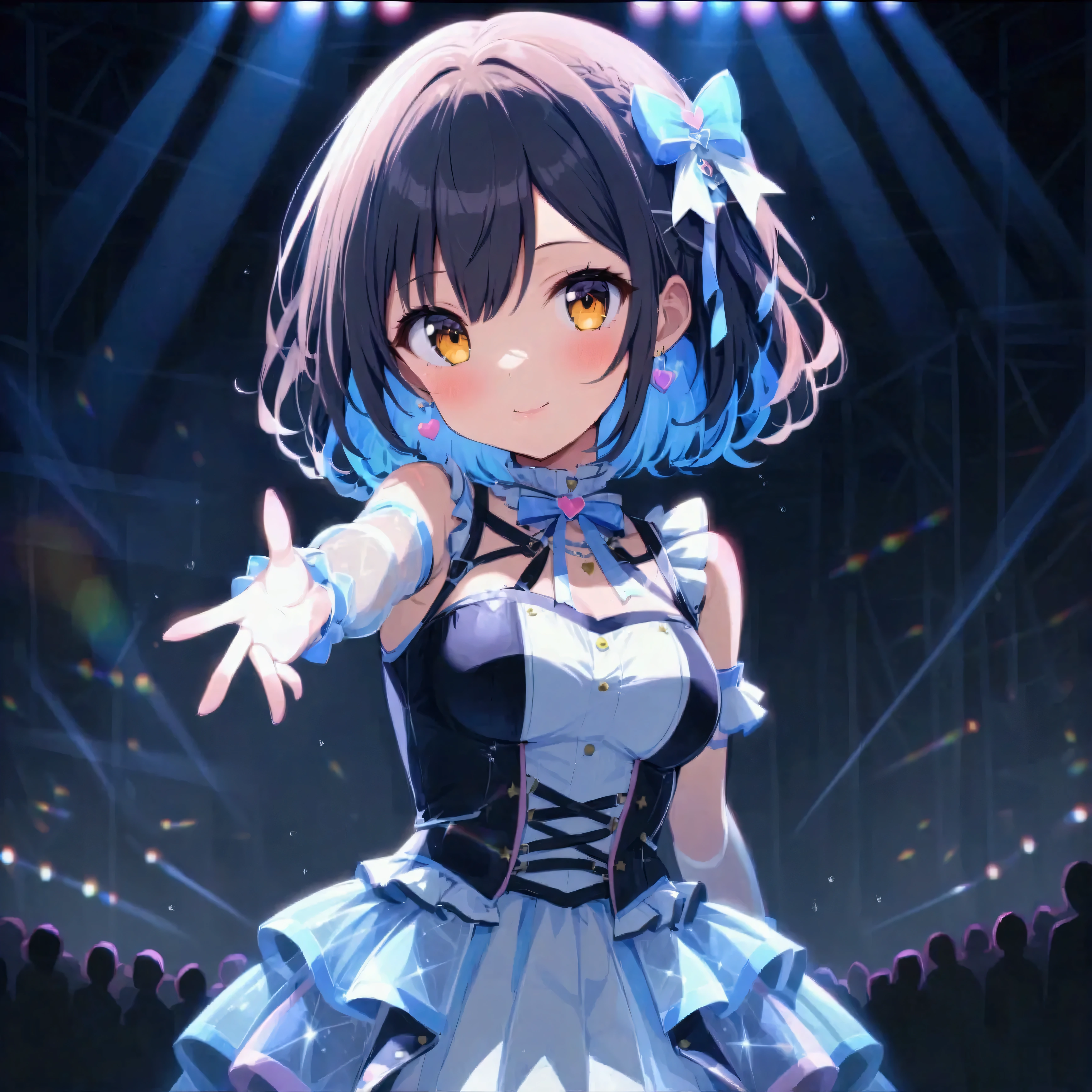 (virtual idol) A j pop concert, crowd in shadows, laser lights and multicolored spotlights, virtual j pop idol (semi transparent hologram, cute, cute outfit), sings and flirts with viewer