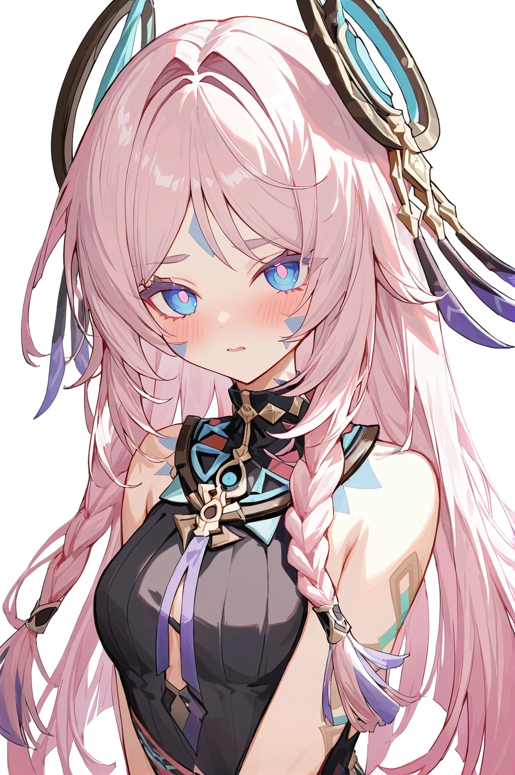 citlali,シトラリ(genshin impact),1girl,cowboy shot,pink hair,parted bangs,very long hair,hair down,braids,hair ornament,facial Mark,blue eyes,pink pupils,tribal clothes,waistcloth,Genshin Impact Style,AddXL,glowing eyes,blush,beautiful detailed,hyper detail,masterpiece,best quality,bright,hair ornament,facial Mark,citlali,white background