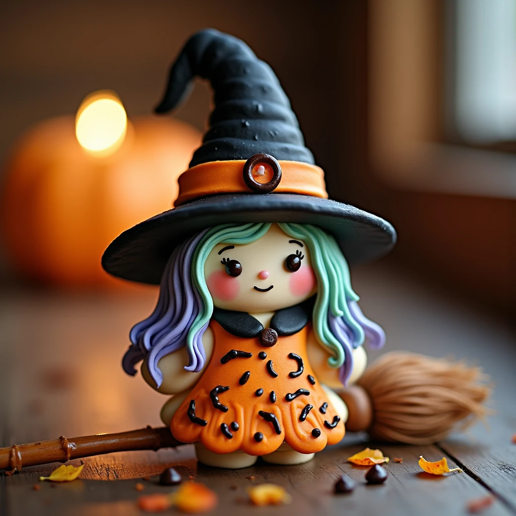 Imagine a delightful cookie shaped like a whimsical witch, her pointed hat adorned with a tiny candy buckle that gleams under the kitchen's cozy, warm light. Her eyes, two small chocolate chips, twinkle with a mischievous glint, while her hair, delicately piped in spirals of lavender and mint green icing, cascades beneath her hat. Her dress, a playful blend of orange and black, swirls with intricate patterns resembling tiny autumn leaves caught in a gentle breeze. A miniature broomstick, crafted from a thin pretzel rod and strands of edible fibers, rests beside her, ready to whisk away on enchanting adventures. The sweet aroma of vanilla blends harmoniously with a hint of cinnamon, evoking the very soul of a whimsical Halloween evening. This cookie, though stationary, seems poised to share tales of moonlit nights and magical spells.