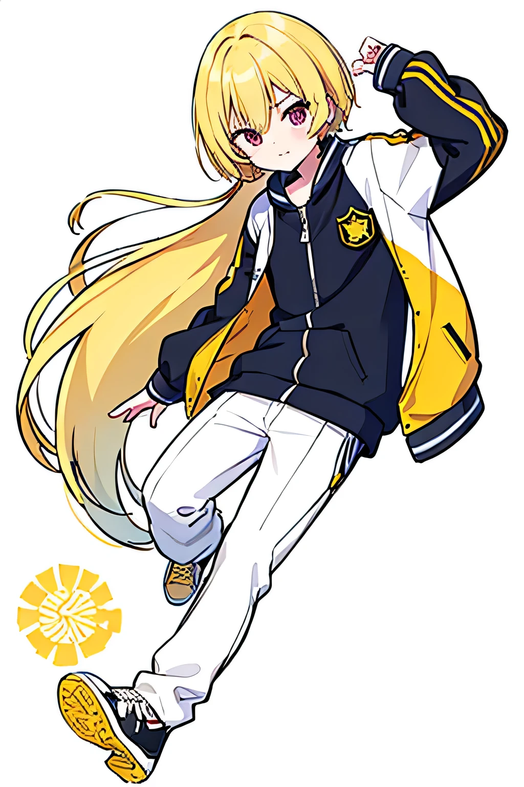 yellow letterman jacket, yellow hair, red eyes, white long pants, full body, high quality, run way, White background,