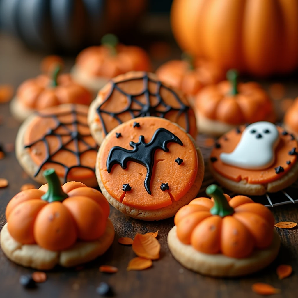 cute halloween icing cookies, (best quality,4k,8k,highres,masterpiece:1.2),ultra-detailed,(realistic,photorealistic,photo-realistic:1.37),detailed cookies, intricate icing patterns, adorable halloween designs, pumpkins, bats, ghosts, cobwebs, vibrant colors, warm lighting, soft focus, delectable, mouthwatering, food photography