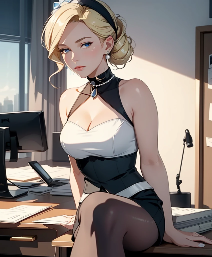 (masterpiece, best quality, ultra-detailed, highres, best illustration). Create a visually stunning and elegant portrayal of a 35-year-old professional woman in her office attire and blue eyes. Picture her with a poised demeanor, wearing a tailored, sleeveless charcoal-gray business suit that exudes sophistication. cleavage, broad shoulders. Her sleek, light-blonde hair is styled in a tasteful updo, complementing the subtle pearl earrings adorning her ears. The ambient office lighting softly highlights her graceful features as she confidently sits at her desk, surrounded by an atmosphere of success and professionalism. Capture the essence of modern femininity and corporate elegance in this AI-generated artwork. (extremely detailed illustrated 8k wallpaper).