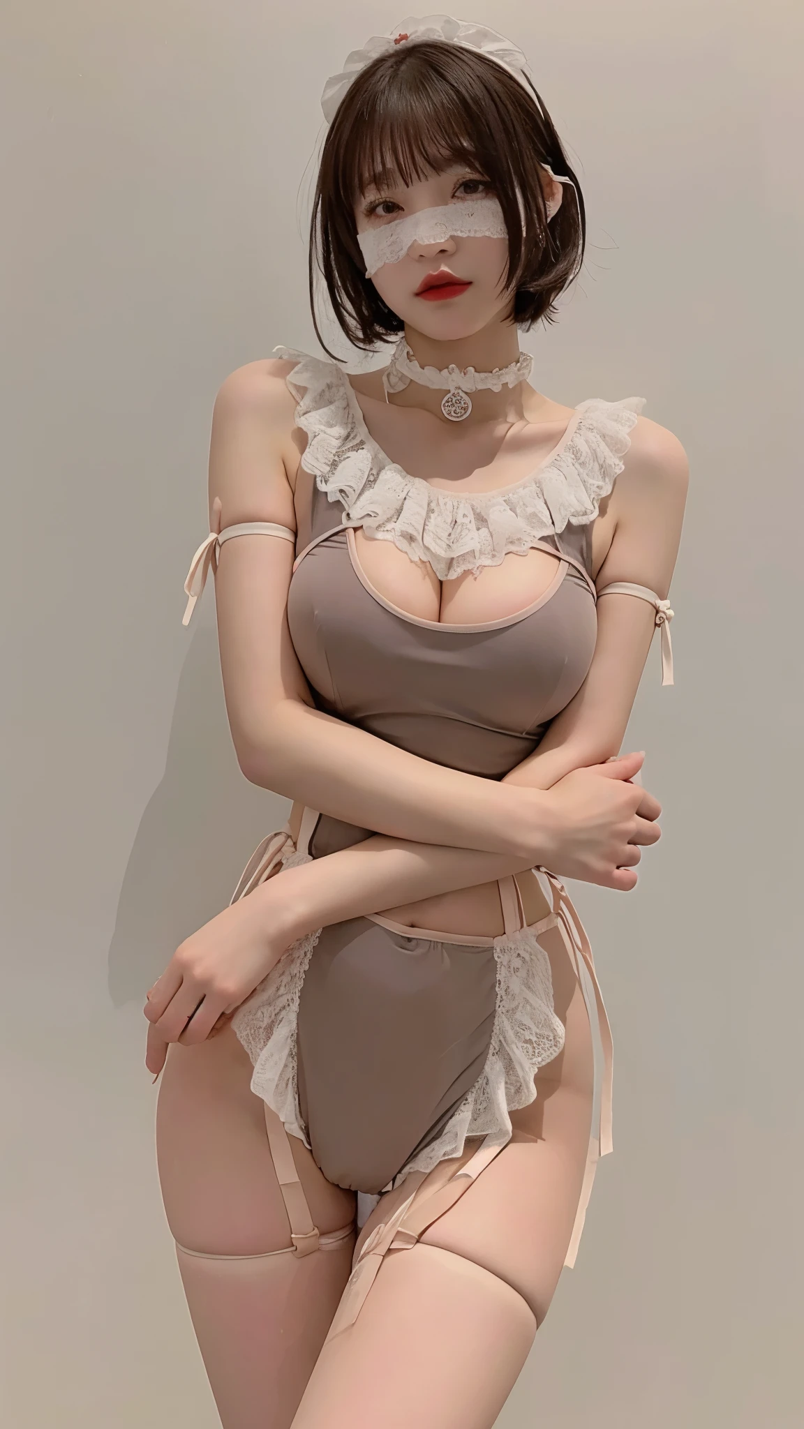 ((Highest quality)), ((masterpiece)),  
from below,
Perfect Face,  short hair 、bangs、natural makeup
Big breasts ,  ((Perfect limbs)) , 
nsfw、 simple background  , nude ,  open legs, garter belt 、 choker、Restraints、string、Plump、blindfold