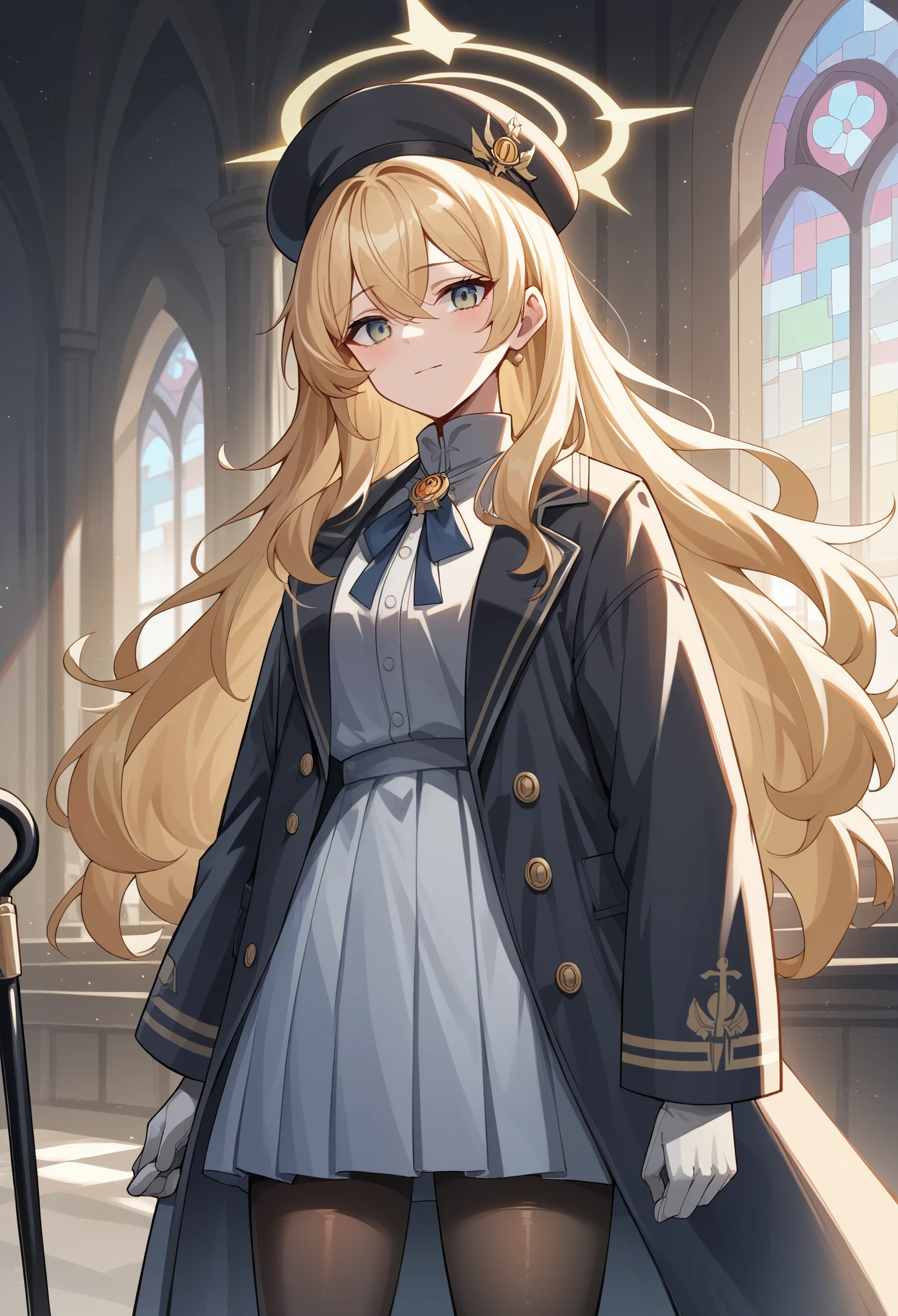 1girl, long hair, messy hair, sidelocks, blonde hair, serafuku, ribbon, brooch, coat, frills, hat, gloves, pantyhose, holding cane, halo, indoors, mansion, cowboy shot score_9, score_8_up, score_7_up, score_6_up, score_5_up, score_4_up, BREAK source_anime, masterpiece