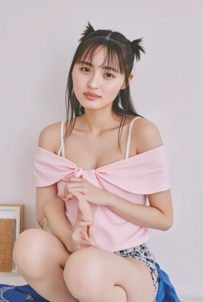 A young Korean woman with her hair close up, with a sexy body and clothes "Cutes" in shades of pink and a bow on your head 