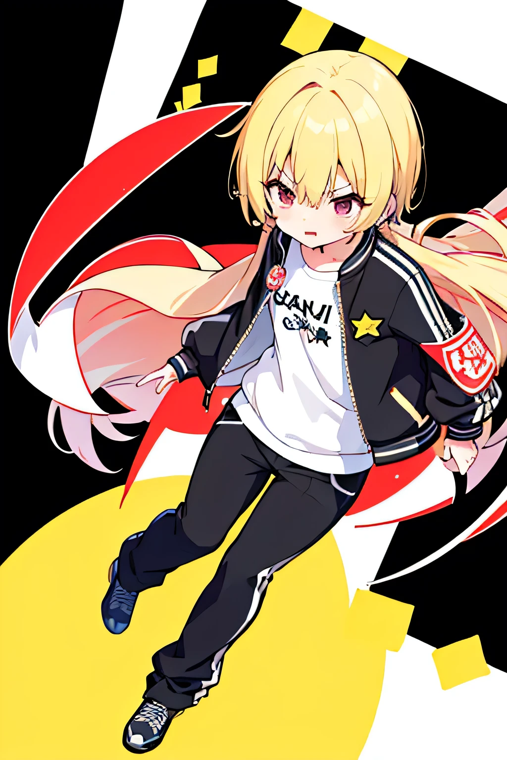 yellow letterman jacket, yellow hair, red eyes, black long pants, full body, high quality, run way, White background, ボタンのディテール,