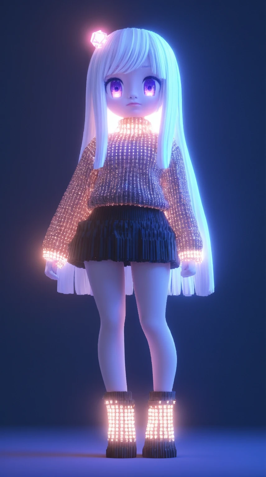 A full body avatar of an anime girl with white hair, wearing short black skirt and long-sleeved brown cardigan sweater in Minecraft style, glowing pixel art, background is dark blue, pink aura, white eyes, white skin, purple lips, diamond decoration on head, simple design, no details, 3D rendering, cartoon game character, low detail