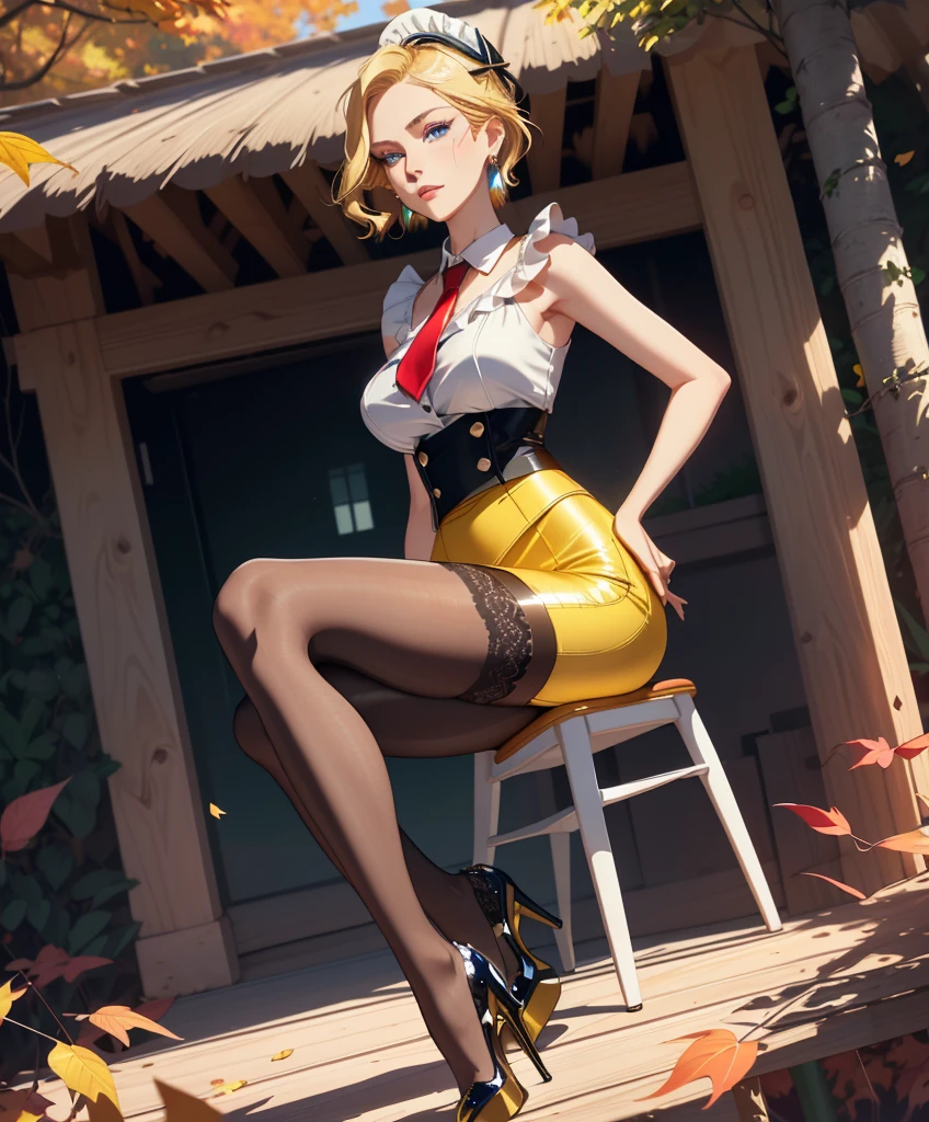 (masterpiece, best quality, ultra-detailed, highres, best illustration). Create a visually stunning and elegant portrayal of a 35-year-old professional woman in her office attire and blue eyes. (ultra semi-realistic:1.3), extremely detailed, 8k resolution, realistic LUT, cinematic LUT, (best quality:1.3), absurdres, (pale skin, detailed skin:1.3, Glossy skin + Shiny skin:1.1), exquisite earrings, gigantic breasts, skinny body, fit body, slim, narrow waist, slim legs, long legs, high heels, short hair, yellow hair, blonde hair, dark blue eyes, black suit, red necktie, suit pencil skirt, A forest scene with a treehouse hidden among the vibrant autumn leaves, (photographed on a Sony a9 II, 35mm wide angle lens), a pair of ggx heels, high heels, stockings, lace trim, pantyhose, (extremely detailed illustrated 8k wallpaper).