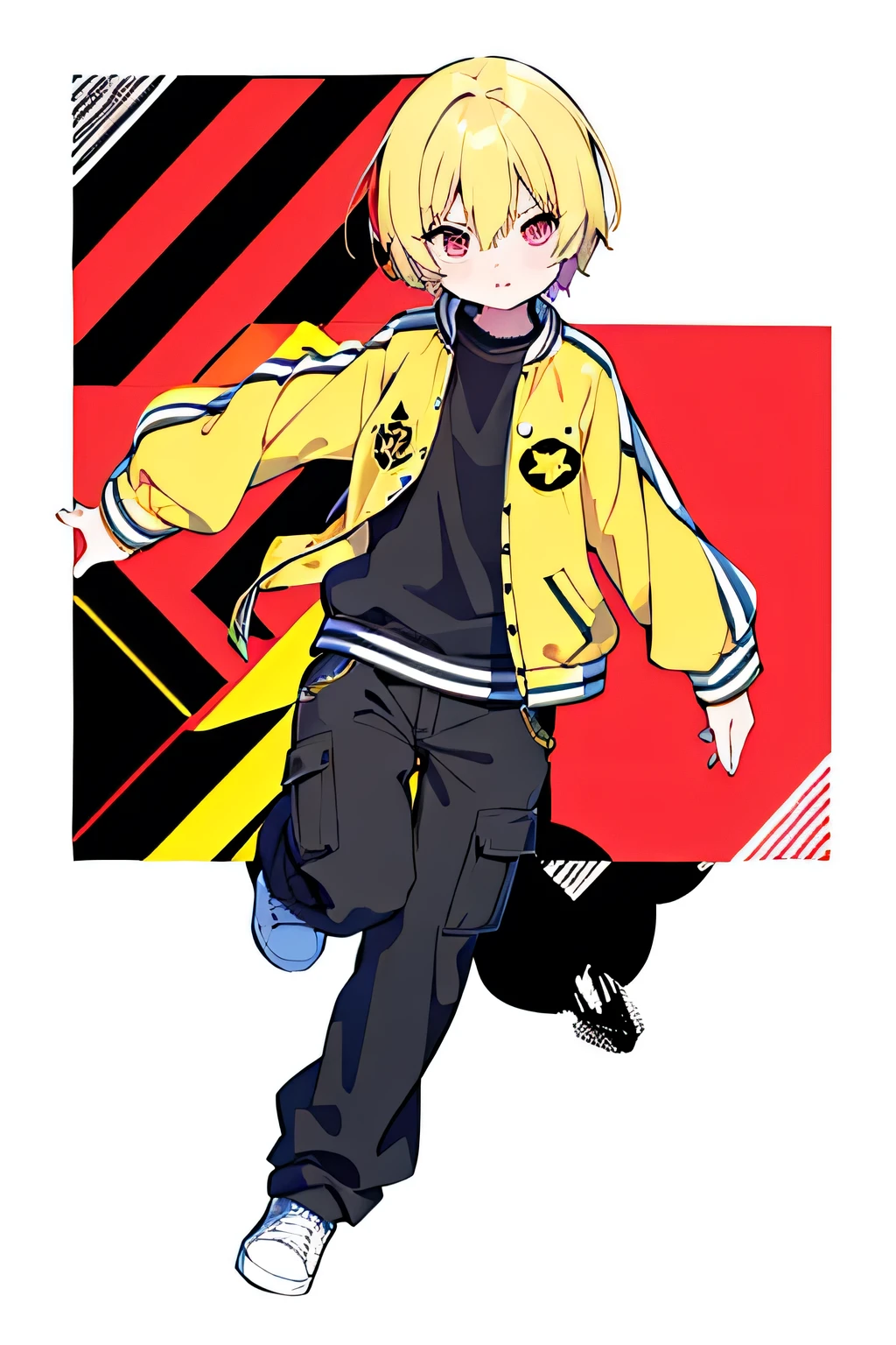 yellow letterman jacket, yellow hair, red eyes, black long pants, full body, high quality, run way, White background, ボタンのディテール,