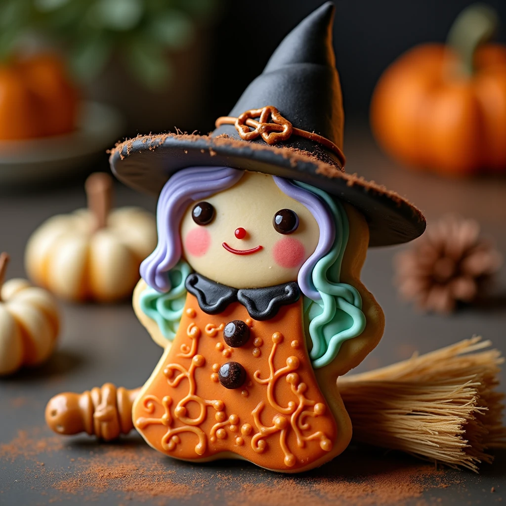 Imagine a delightful cookie shaped like a whimsical witch, her pointed hat adorned with a tiny candy buckle that gleams under the kitchen's cozy, warm light. Her eyes, two small chocolate chips, twinkle with a mischievous glint, while her hair, delicately piped in spirals of lavender and mint green icing, cascades beneath her hat. Her dress, a playful blend of orange and black, swirls with intricate patterns resembling tiny autumn leaves caught in a gentle breeze. A miniature broomstick, crafted from a thin pretzel rod and strands of edible fibers, rests beside her, ready to whisk away on enchanting adventures. The sweet aroma of vanilla blends harmoniously with a hint of cinnamon, evoking the very soul of a whimsical Halloween evening. This cookie, though stationary, seems poised to share tales of moonlit nights and magical spells.